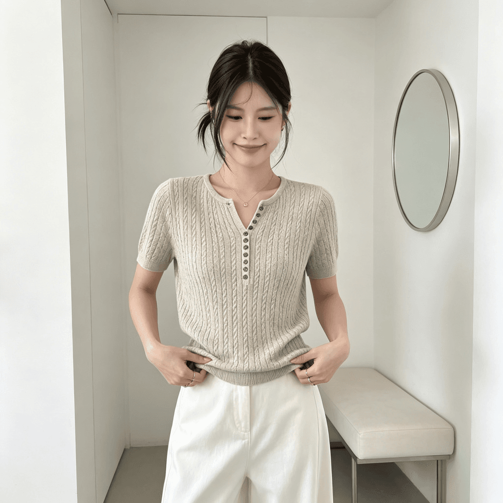 2026 여름 새로운 헨리 칼라 꽈배기 니트 스웨터 여성용 짧은 소매 몸매 가꾸기 슬림해 보이는 다용도 한 바람 품격 맨위 상세 이미지 6