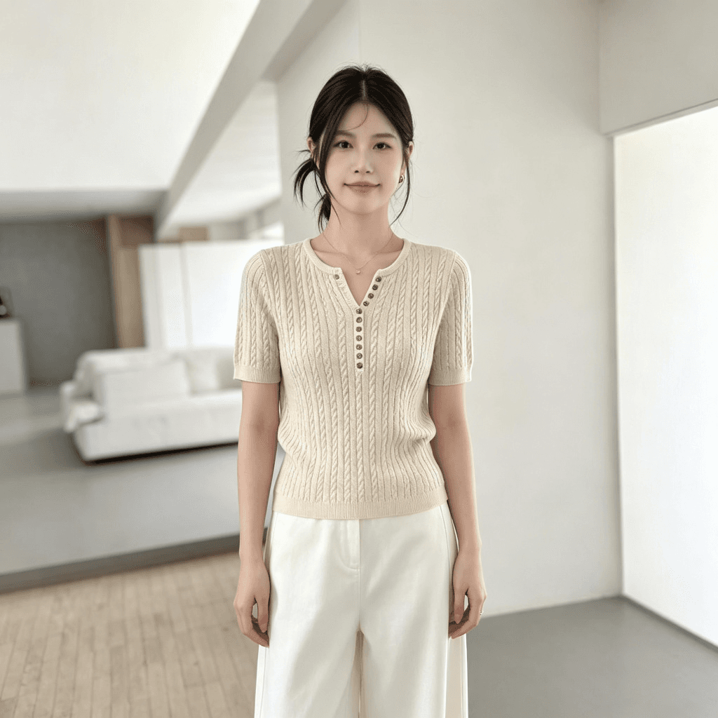2026 여름 새로운 헨리 칼라 꽈배기 니트 스웨터 여성용 짧은 소매 몸매 가꾸기 슬림해 보이는 다용도 한 바람 품격 맨위 상세 이미지 9