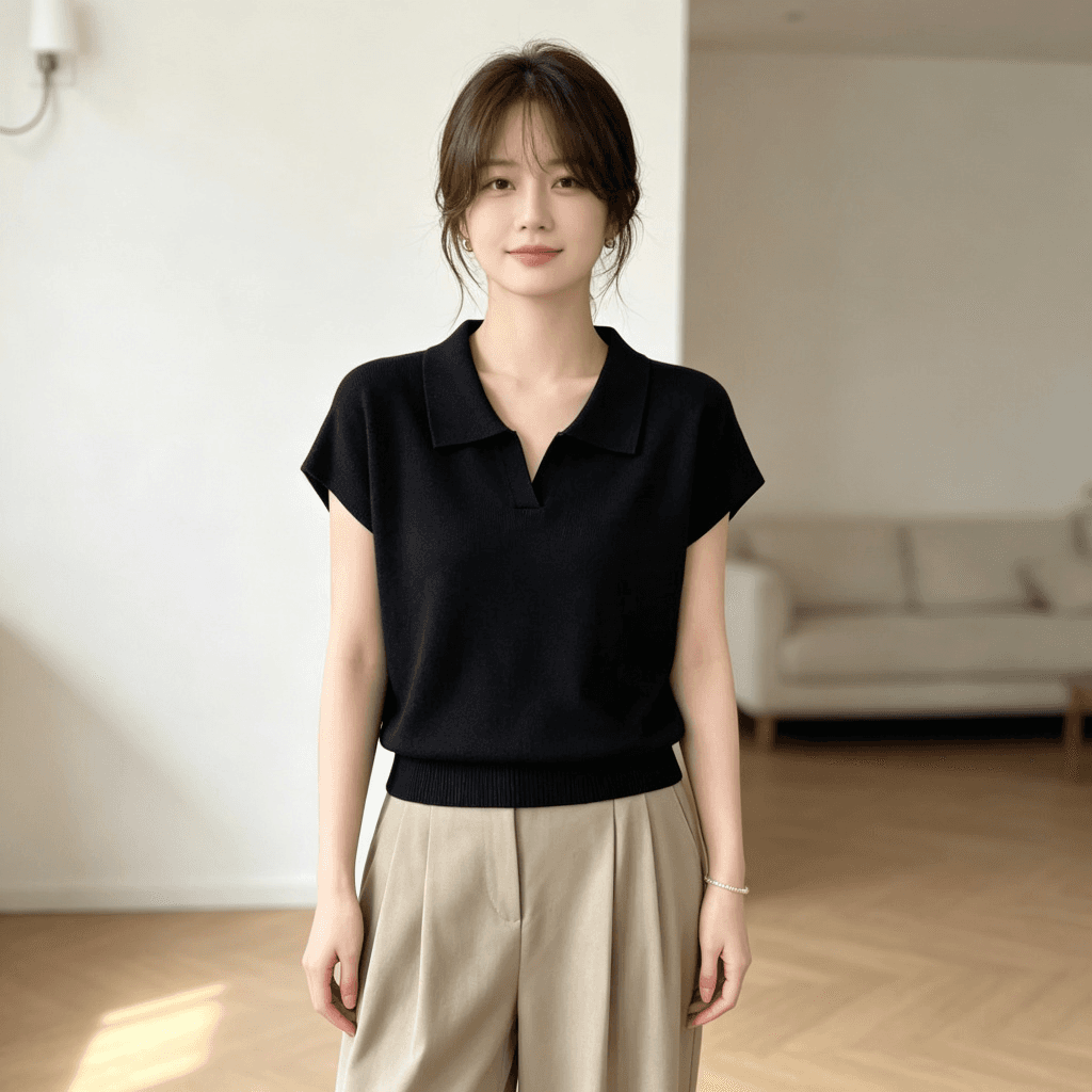 2026 여름 POLO 칼라 니트 스웨터 여성용 짧은 소매 작은 날다 소매 루즈핏 슬림해 보이는 다용도 허리 수축 품격 출퇴근 맨위 상세 이미지 2