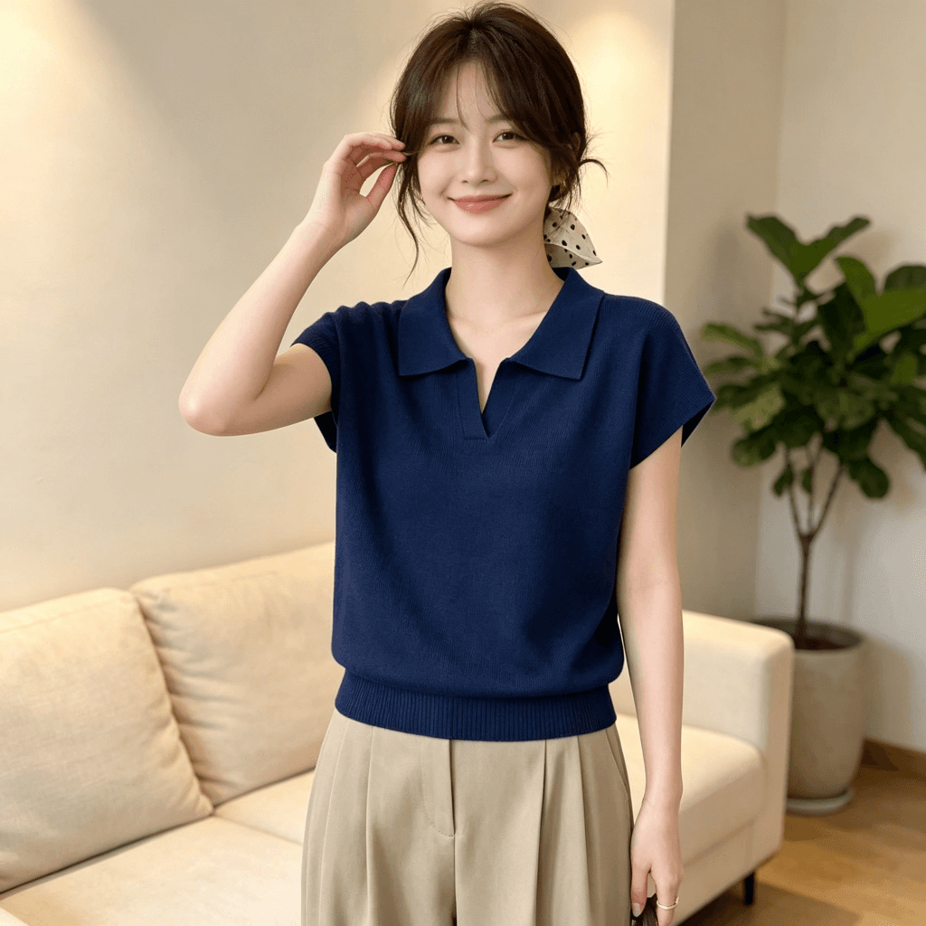 2026 여름 POLO 칼라 니트 스웨터 여성용 짧은 소매 작은 날다 소매 루즈핏 슬림해 보이는 다용도 허리 수축 품격 출퇴근 맨위 상세 이미지 4