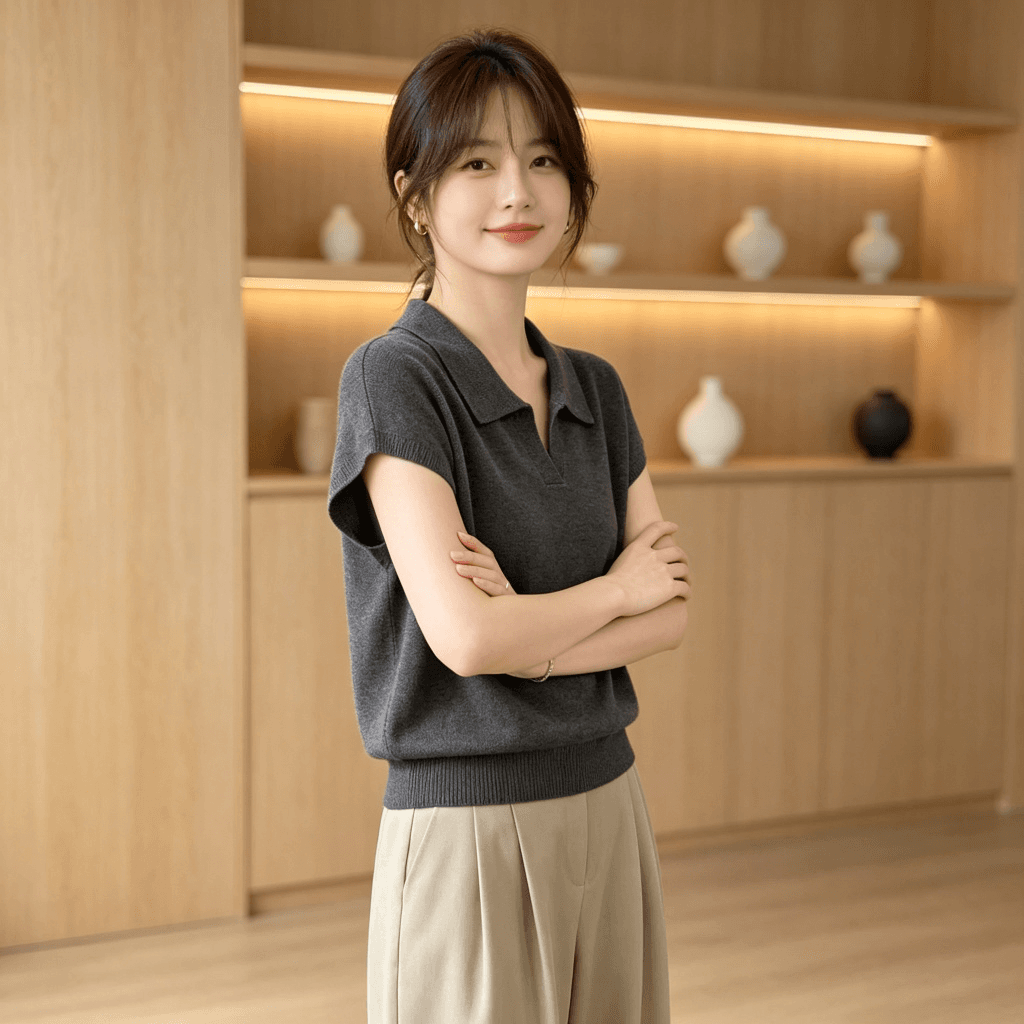 2026 여름 POLO 칼라 니트 스웨터 여성용 짧은 소매 작은 날다 소매 루즈핏 슬림해 보이는 다용도 허리 수축 품격 출퇴근 맨위 상세 이미지 5
