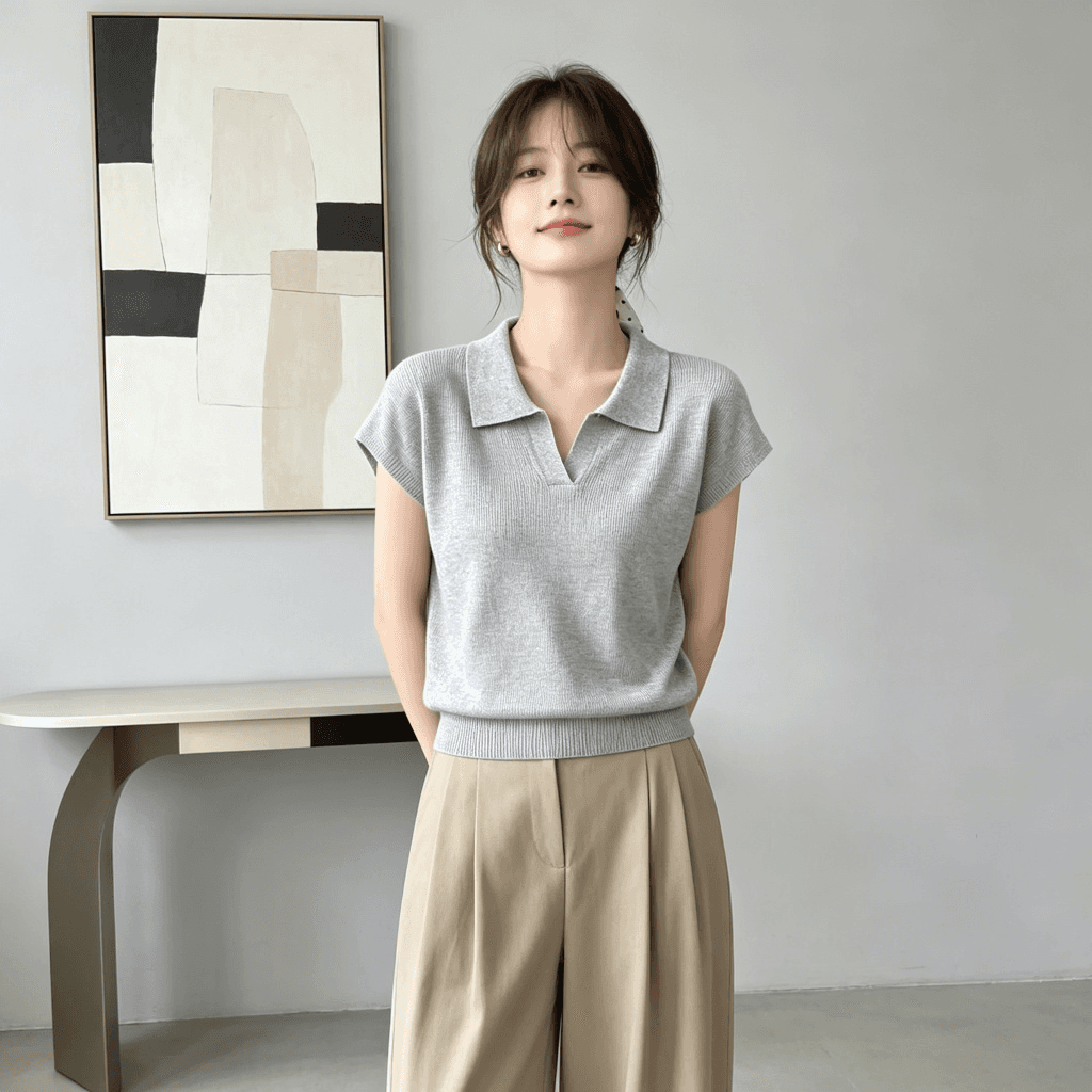 2026 여름 POLO 칼라 니트 스웨터 여성용 짧은 소매 작은 날다 소매 루즈핏 슬림해 보이는 다용도 허리 수축 품격 출퇴근 맨위 상세 이미지 6