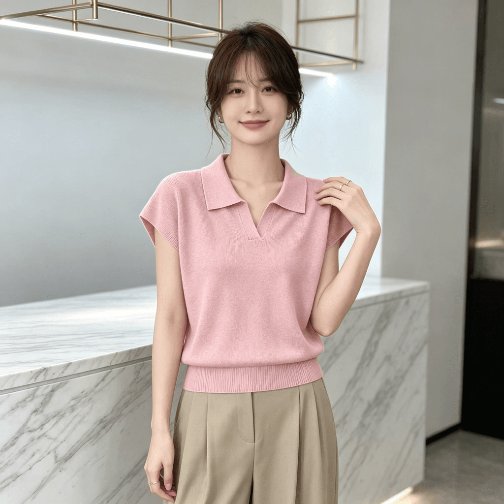 2026 여름 POLO 칼라 니트 스웨터 여성용 짧은 소매 작은 날다 소매 루즈핏 슬림해 보이는 다용도 허리 수축 품격 출퇴근 맨위 상세 이미지 11