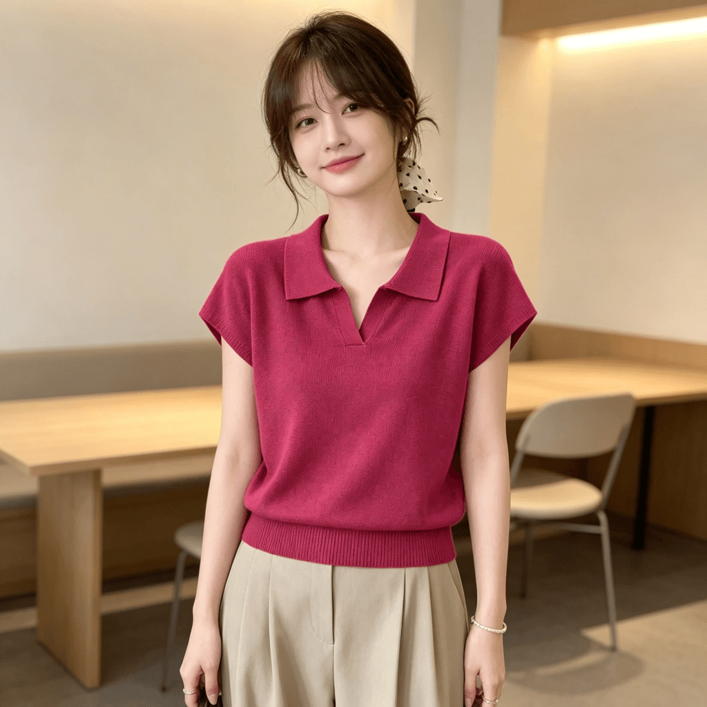 2026 여름 POLO 칼라 니트 스웨터 여성용 짧은 소매 작은 날다 소매 루즈핏 슬림해 보이는 다용도 허리 수축 품격 출퇴근 맨위 상세 이미지 13