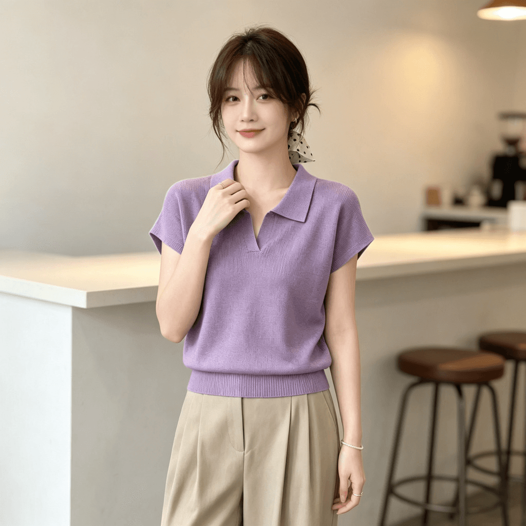 2026 여름 POLO 칼라 니트 스웨터 여성용 짧은 소매 작은 날다 소매 루즈핏 슬림해 보이는 다용도 허리 수축 품격 출퇴근 맨위 상세 이미지 15