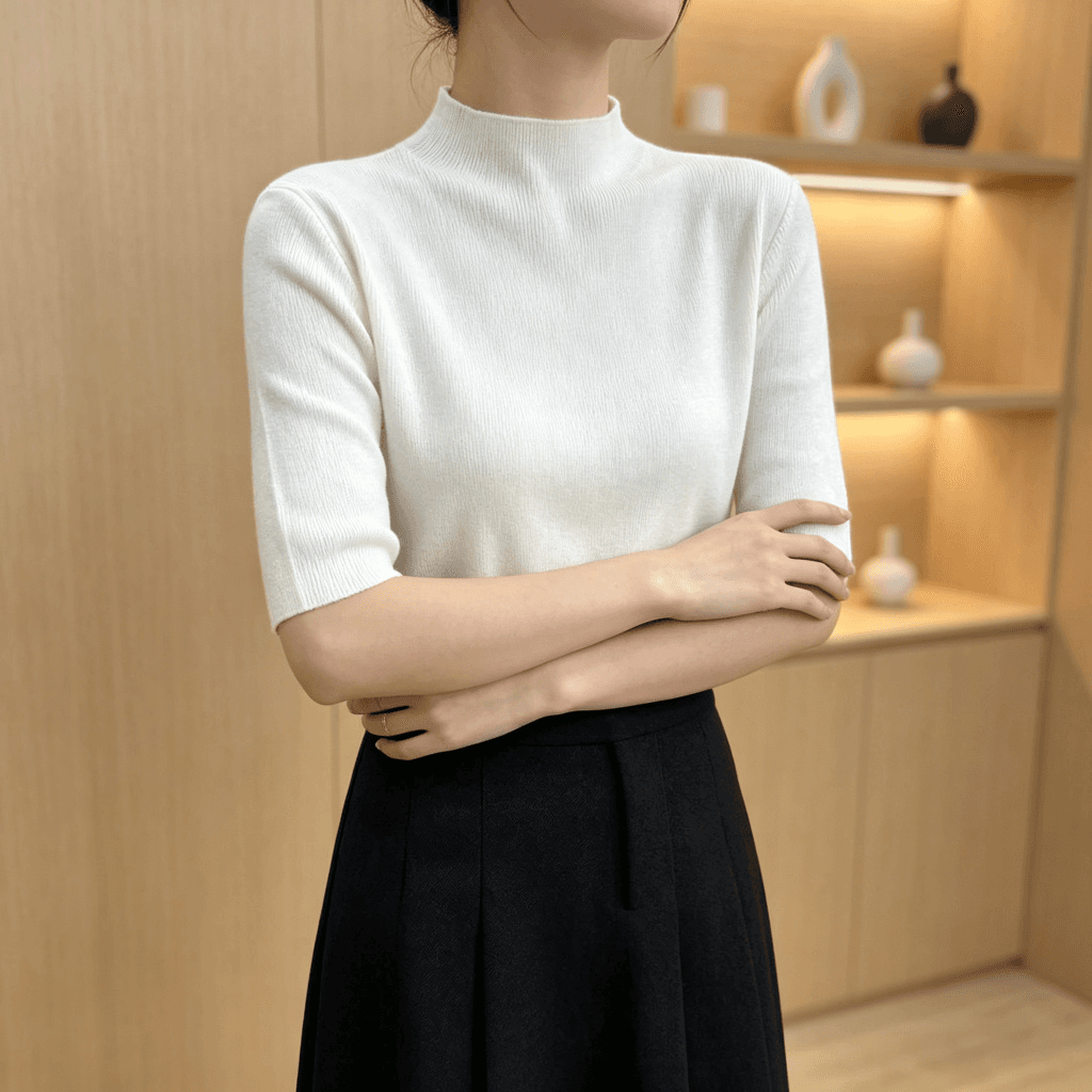 2026 이른 가을 새로운 반하이넥 니트 스웨터 여성 5 점 소매 몸매 가꾸기 슬림해 보이는 다용도 품격 출퇴근 만나는 맨위 상세 이미지 4