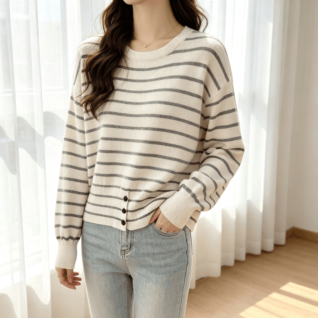 이른 가을 새로운 스트라이프 니트 스웨터 여성 긴 소매 라운드 넥 루즈핏 느긋한 바람 다용도 슬림해 보이는 디자인 센스 스웨터 맨위 이미지 5