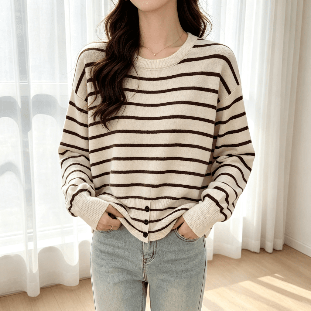 이른 가을 새로운 스트라이프 니트 스웨터 여성 긴 소매 라운드 넥 루즈핏 느긋한 바람 다용도 슬림해 보이는 디자인 센스 스웨터 맨위 상세 이미지 5