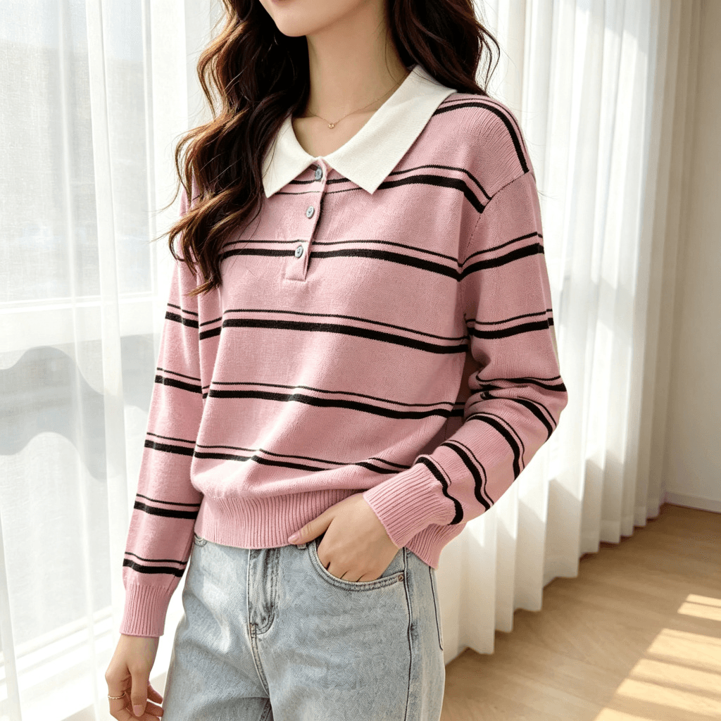 2026 이른 가을 새로운 배색 POLO 칼라 스트라이프 니트 스웨터 여성 긴 소매 루즈핏 슬림해 보이는 학원 스타일 다용도 맨위