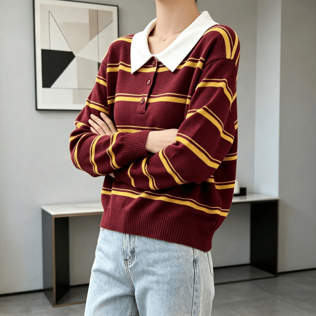 2026 이른 가을 새로운 배색 POLO 칼라 스트라이프 니트 스웨터 여성 긴 소매 루즈핏 슬림해 보이는 학원 스타일 다용도 맨위 이미지 3