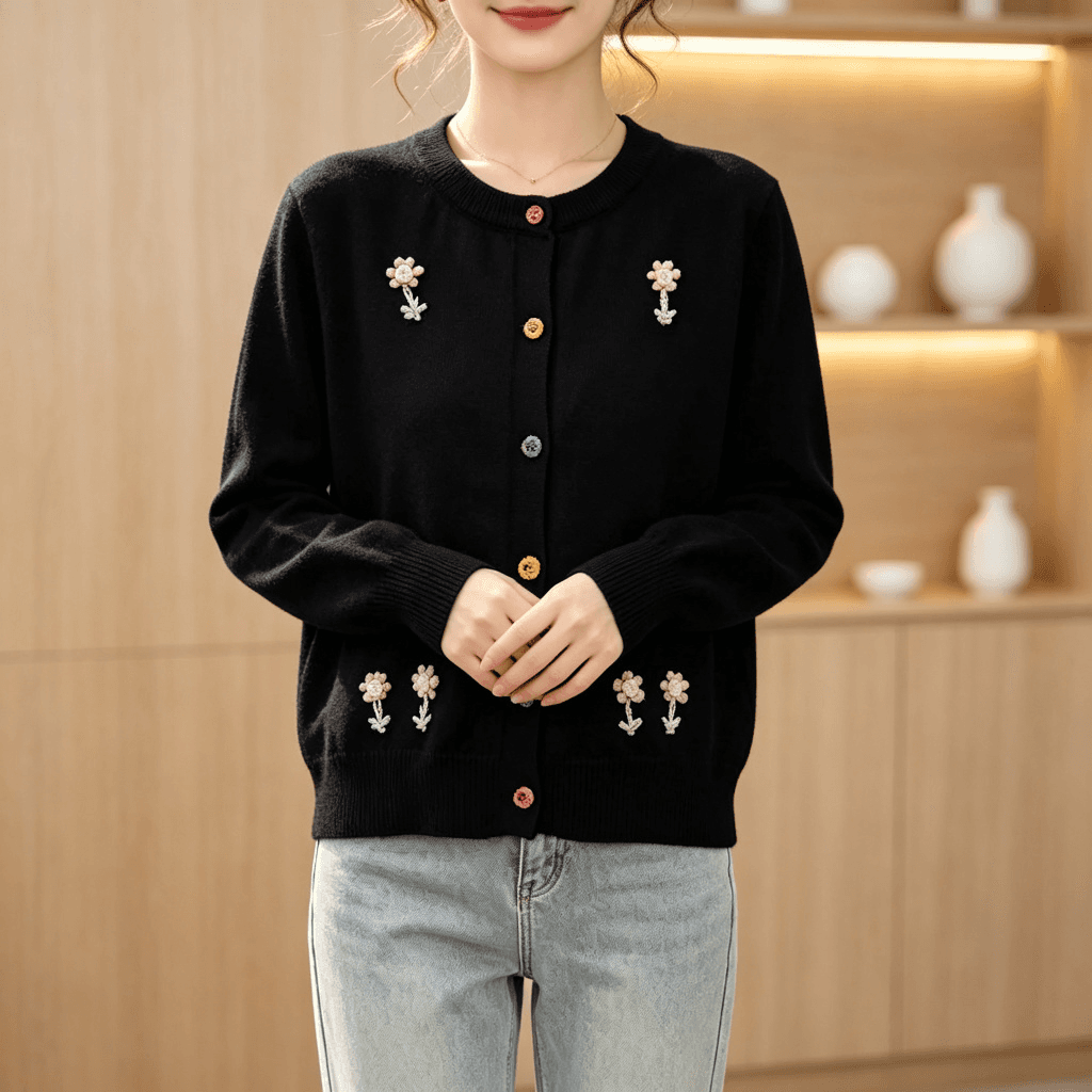 2026 이른 가을 새로운 색상 단추 꽃 니트 오픈 가디건 라운드 넥 루즈핏 달콤함 연령 감소 다용도 스웨터 코트 상세 이미지 2