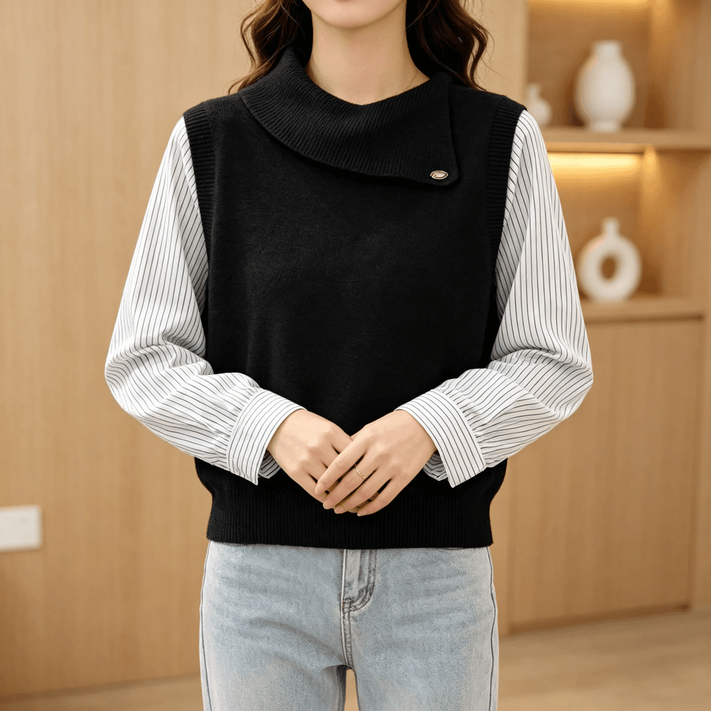 2026 이른 가을 새로운 페이크 레이어드 니트 조끼 여자 스트라이프 셔츠 소매 패치워크 디자인 센스 루즈핏 다용도 맨위 이미지 5