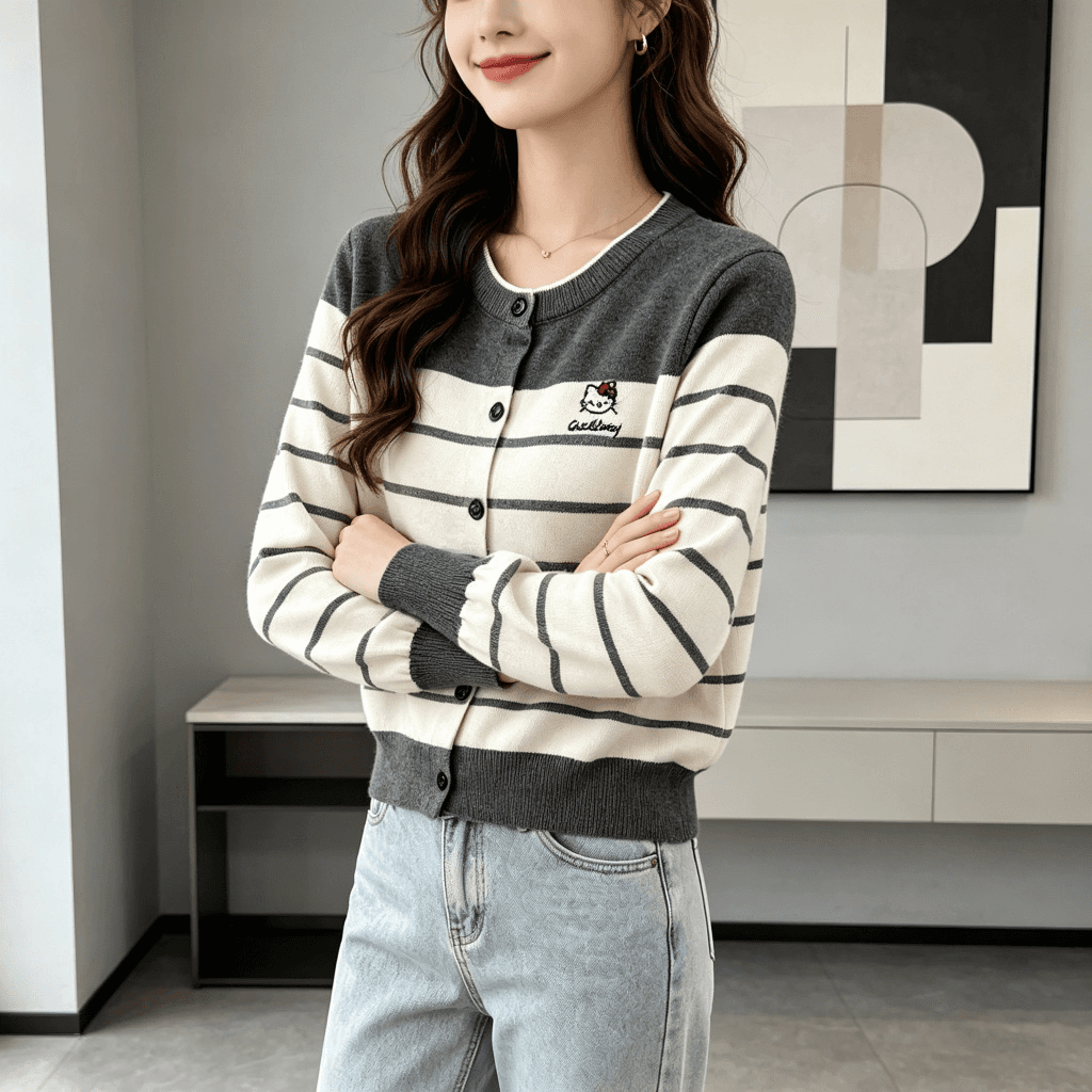 2026 이른 가을 새로운 페이크 레이어드 니트 조끼 여자 스트라이프 셔츠 소매 패치워크 디자인 센스 루즈핏 다용도 맨위 상세 이미지 4
