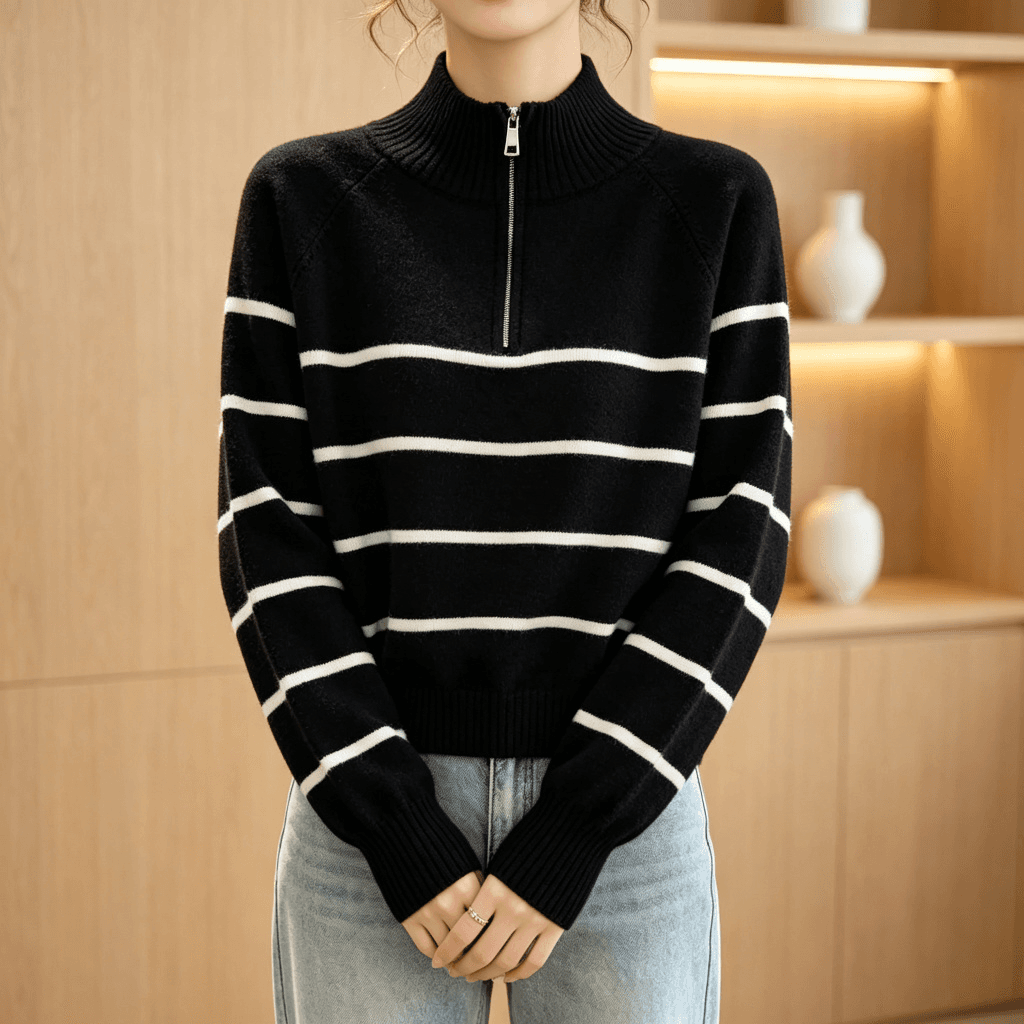 2026 이른 가을 새로운 반하이넥 하프 지퍼 스트라이프 니트 스웨터 여성 앤디 플러시 삽입 어깨 느긋한 바람 다용도 스웨터 상세 이미지 3