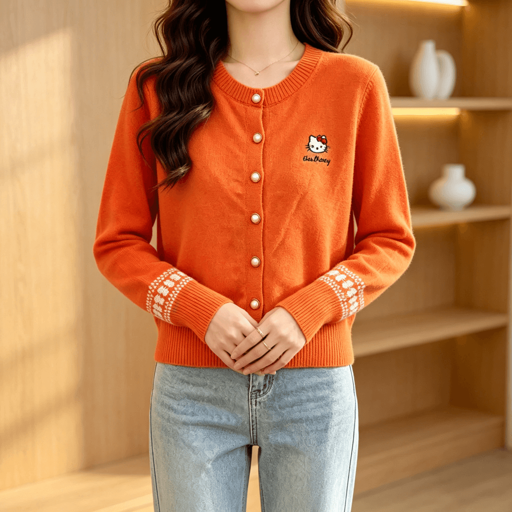 2026 이른 가을 새로운 라운드 넥 진주 버클 니트 오픈 가디건 여성 자수 커프스 자카드 달콤함 연령 감소 다용도 재킷 이미지 2
