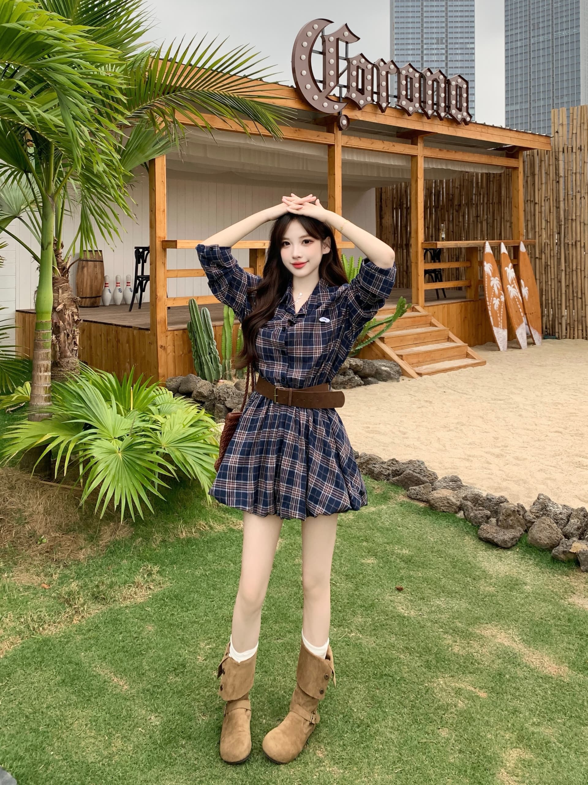 실사 빅 사이즈 비 흔적 남자 창 그리드 아메리칸 POLO 칼라 배색 체크무늬 드레스 레트로 품격 셔츠 반바지 상세 이미지 7
