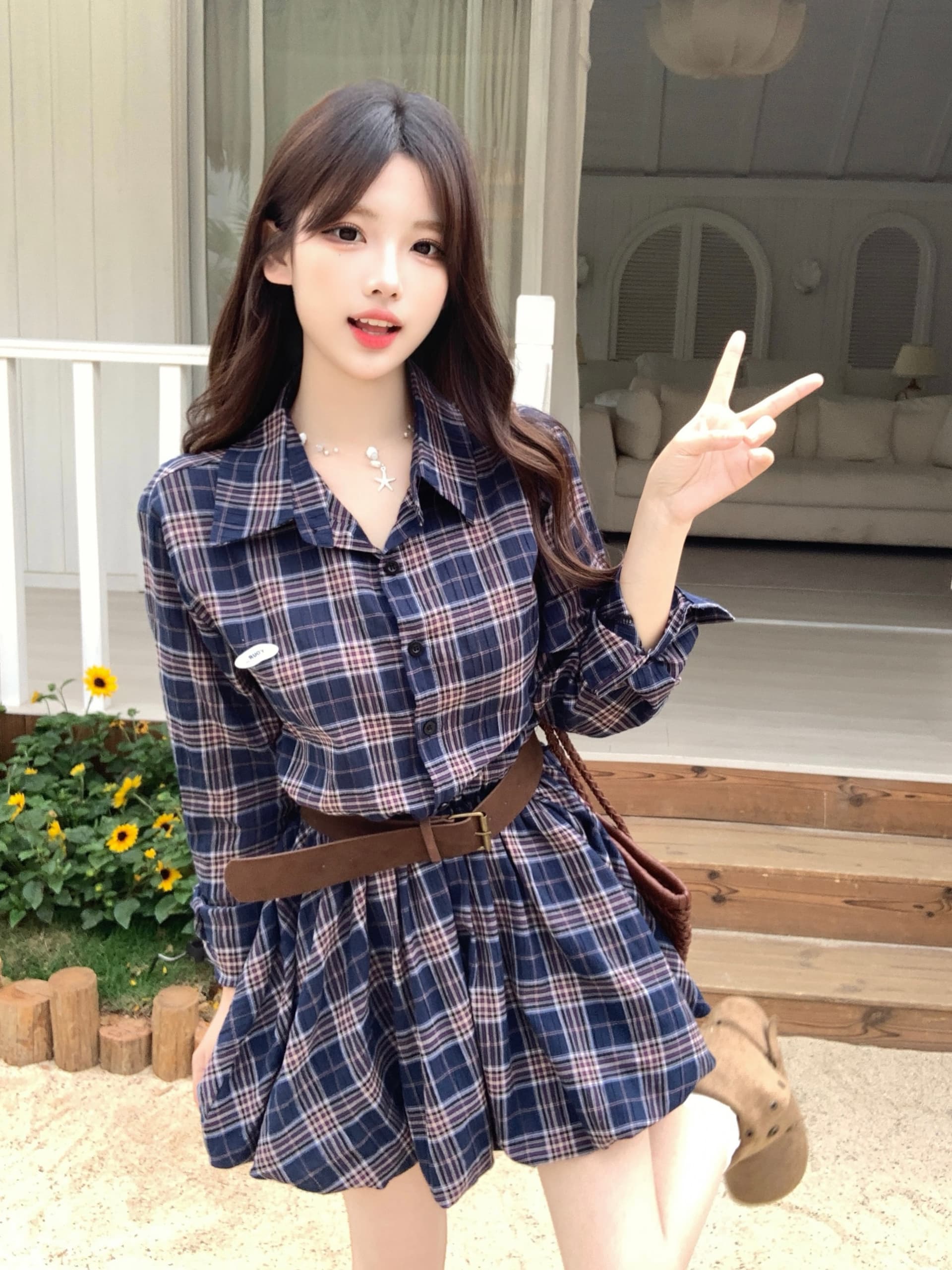 실사 빅 사이즈 비 흔적 남자 창 그리드 아메리칸 POLO 칼라 배색 체크무늬 드레스 레트로 품격 셔츠 반바지 상세 이미지 9