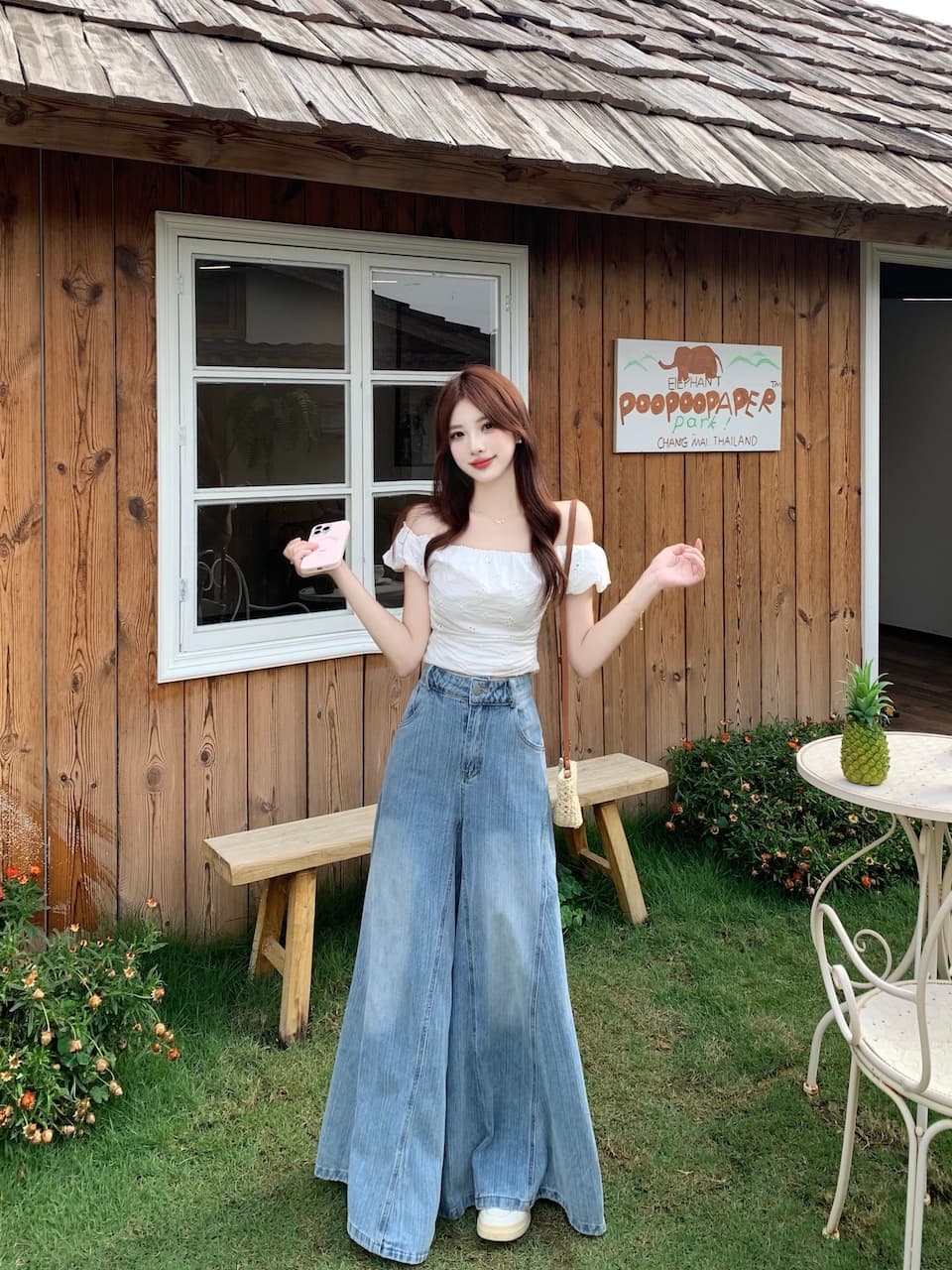 실사 빅 사이즈 지방 mm 2026 여름 새로운 고급 센스 루즈핏 슬림해 보이는 넓은 다리 데님 바닥 청소 바지 상세 이미지 8