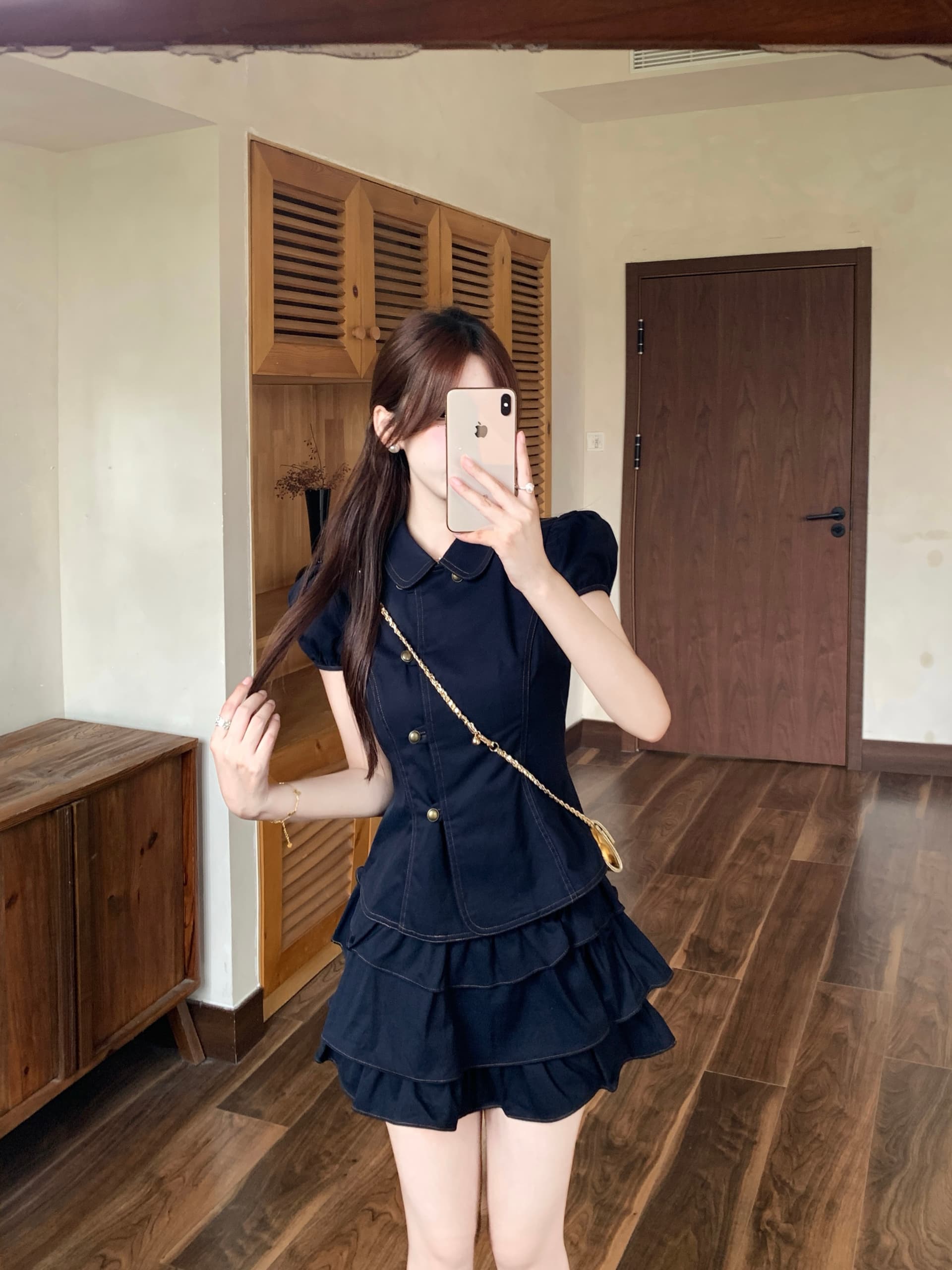 실사 달콤한 차가운 학원 스타일 세트 레트로 베이비 칼라 허리 수축 반팔 셔츠 소녀 센스 케이크 미니 스커트 여름 이미지 3