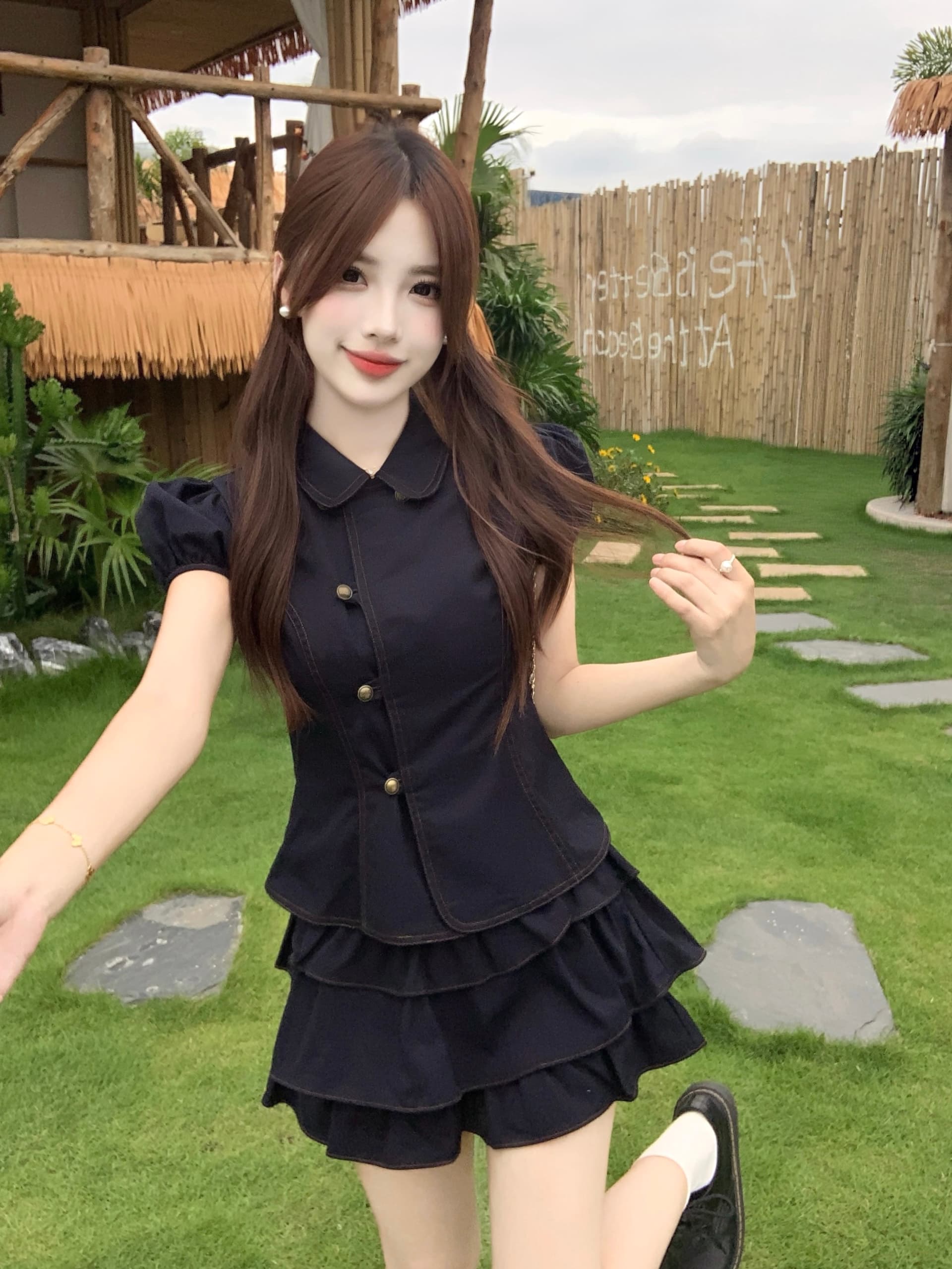 실사 달콤한 차가운 학원 스타일 세트 레트로 베이비 칼라 허리 수축 반팔 셔츠 소녀 센스 케이크 미니 스커트 여름 상세 이미지 4