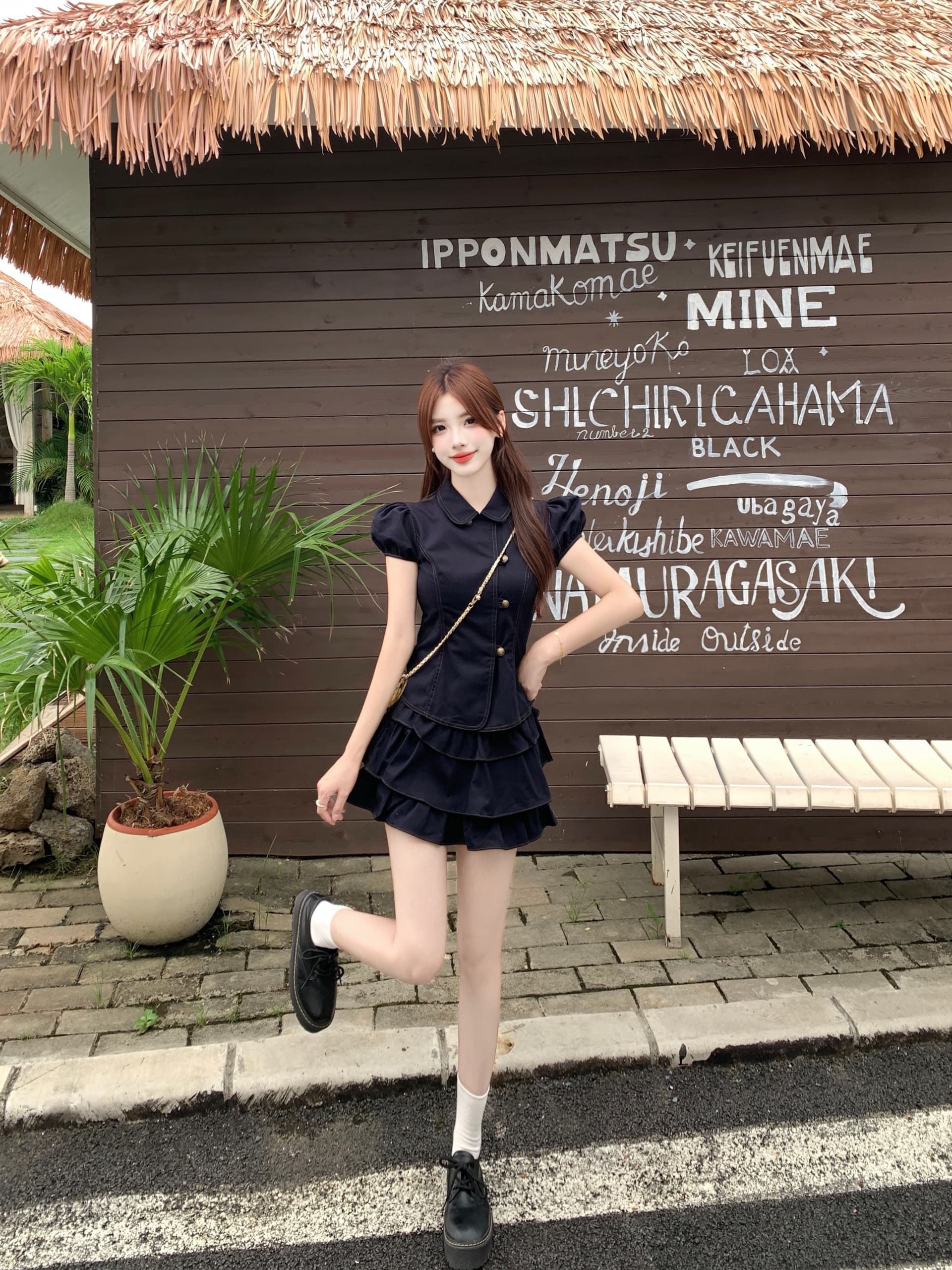 실사 달콤한 차가운 학원 스타일 세트 레트로 베이비 칼라 허리 수축 반팔 셔츠 소녀 센스 케이크 미니 스커트 여름 상세 이미지 5