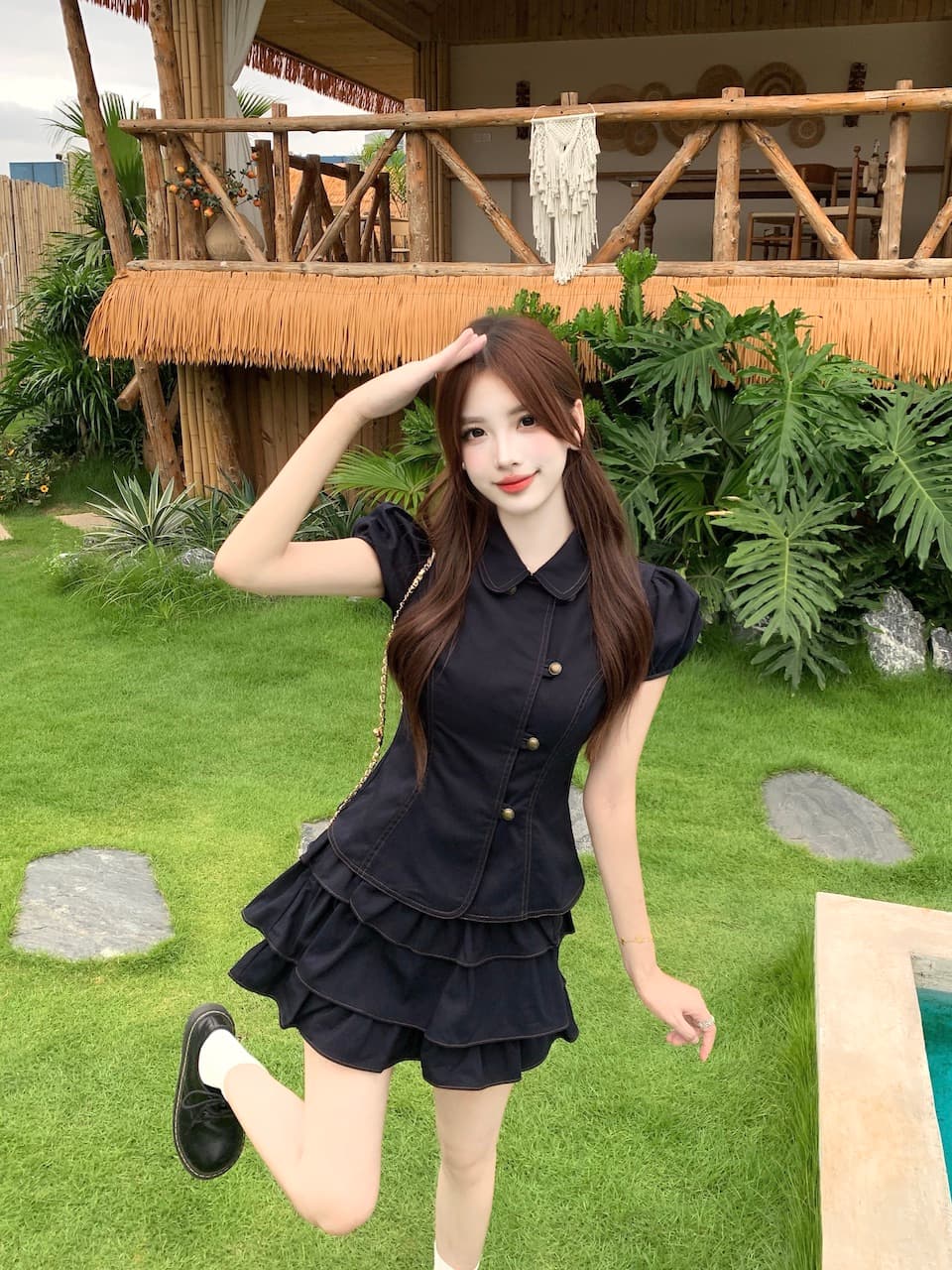 실사 달콤한 차가운 학원 스타일 세트 레트로 베이비 칼라 허리 수축 반팔 셔츠 소녀 센스 케이크 미니 스커트 여름 상세 이미지 8