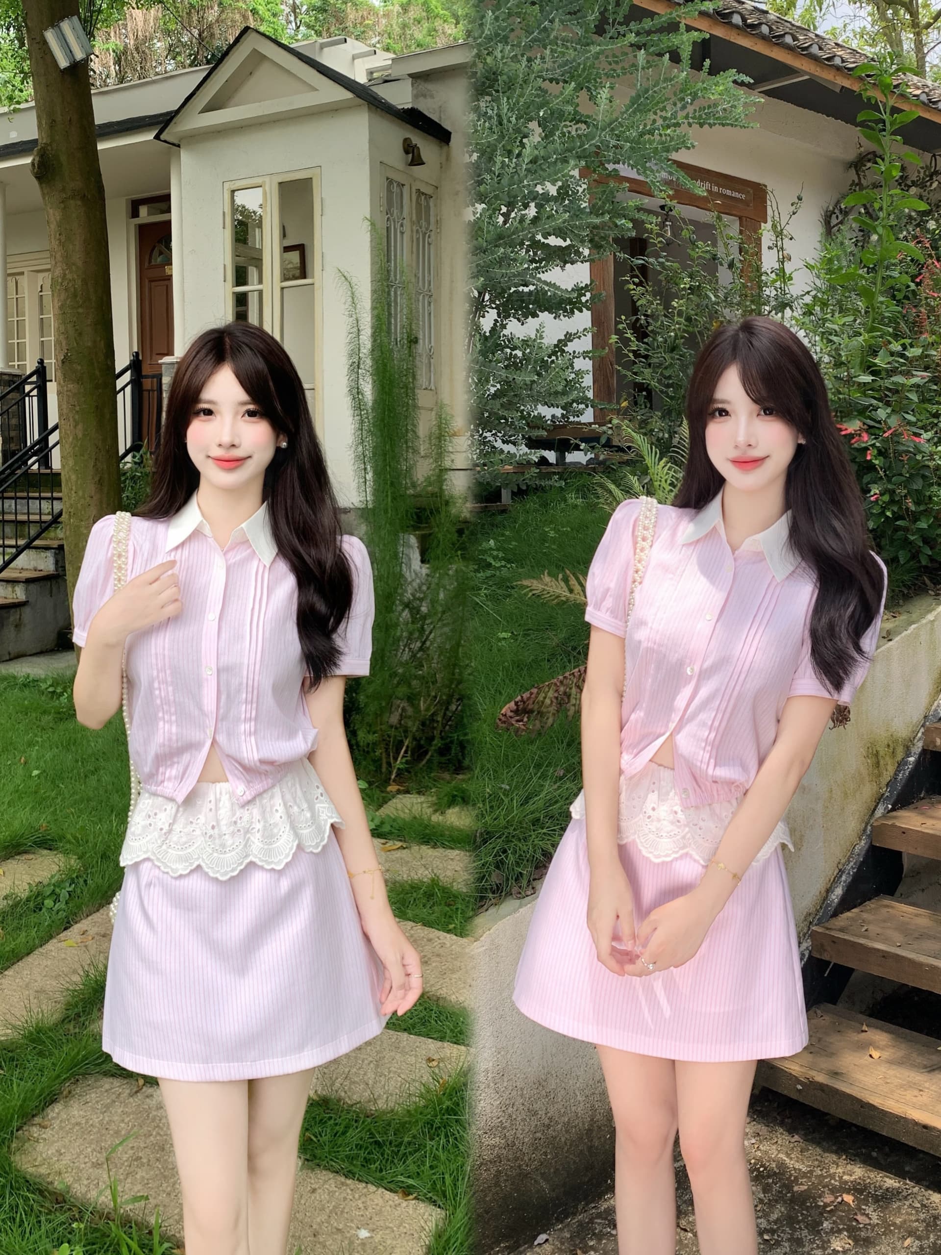 실사 빅 사이즈 패션 신문 한 부서 높음 지혜 핑크색 셔츠 반 스커트 세트 품격 스트라이프 투피스 세트 여름 이미지 2