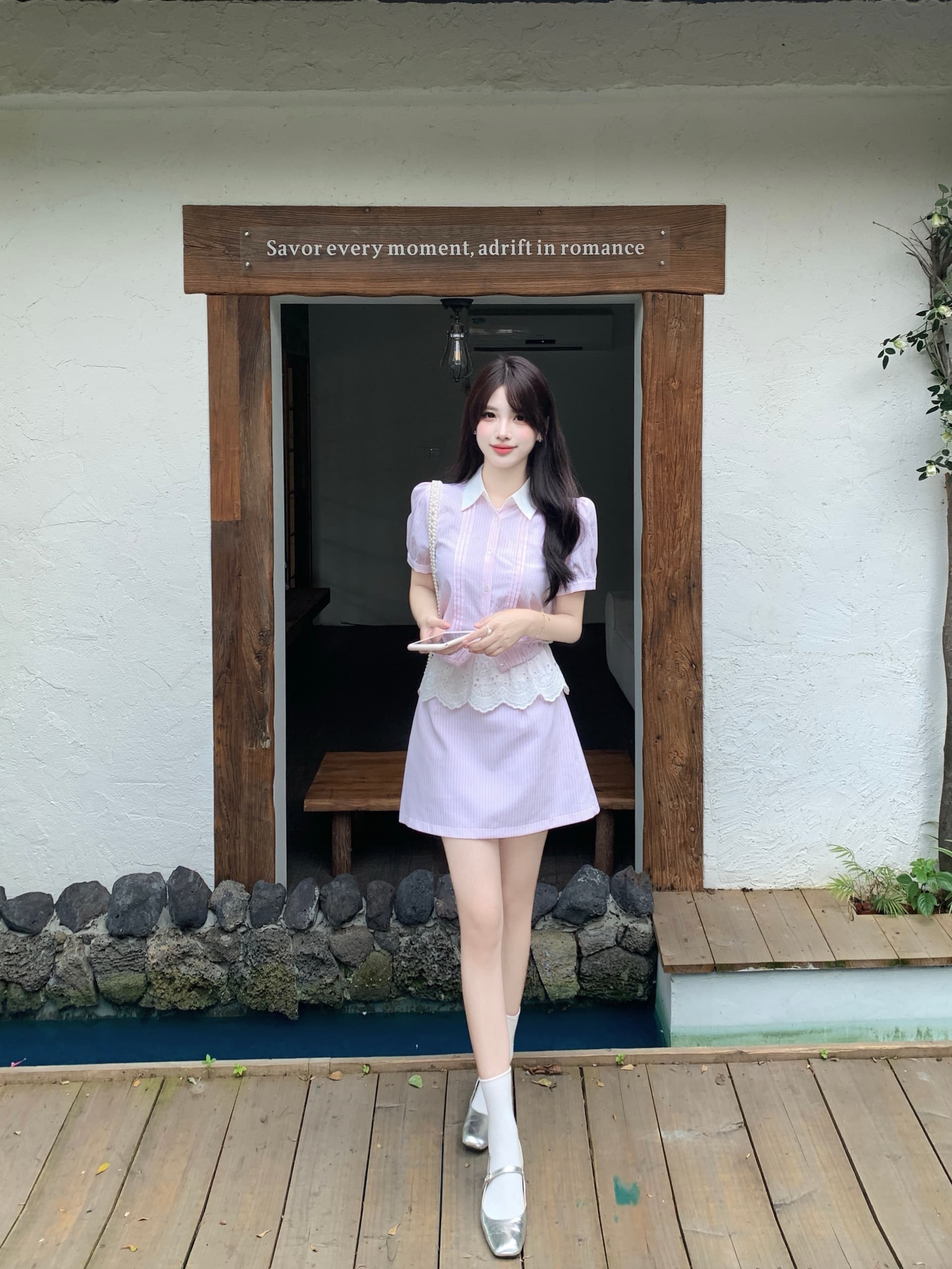 실사 빅 사이즈 패션 신문 한 부서 높음 지혜 핑크색 셔츠 반 스커트 세트 품격 스트라이프 투피스 세트 여름 이미지 3