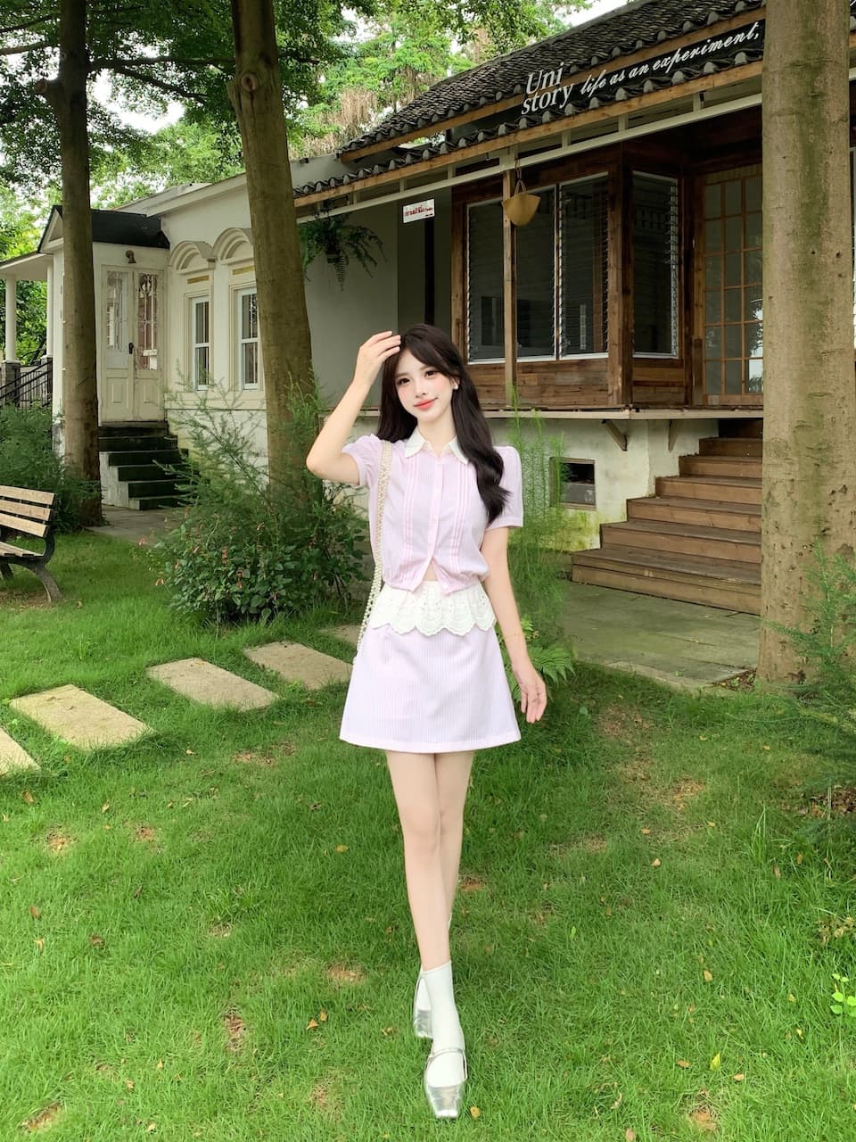 실사 빅 사이즈 패션 신문 한 부서 높음 지혜 핑크색 셔츠 반 스커트 세트 품격 스트라이프 투피스 세트 여름 상세 이미지 12