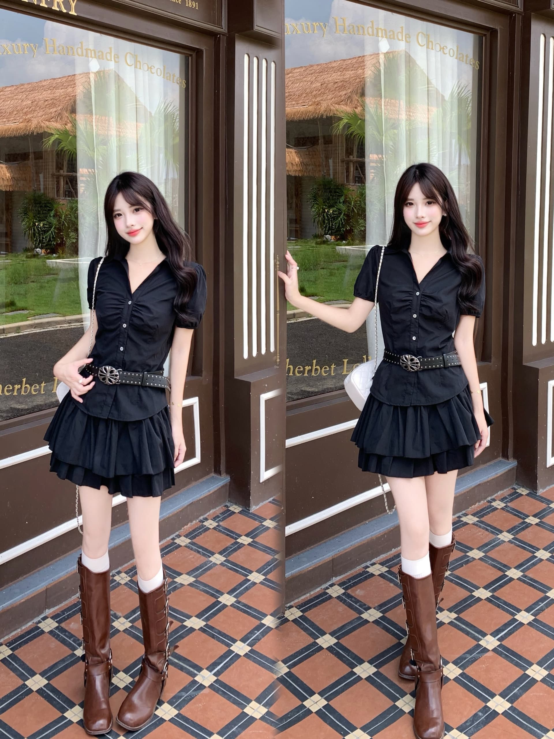 실사 빅 사이즈 한 부서 마이크로 지방 mm 슬림해 보이는 표지 배 달콤한 매운맛 여름 거품 소매 짧은 셔츠 케이크 반 스커트
