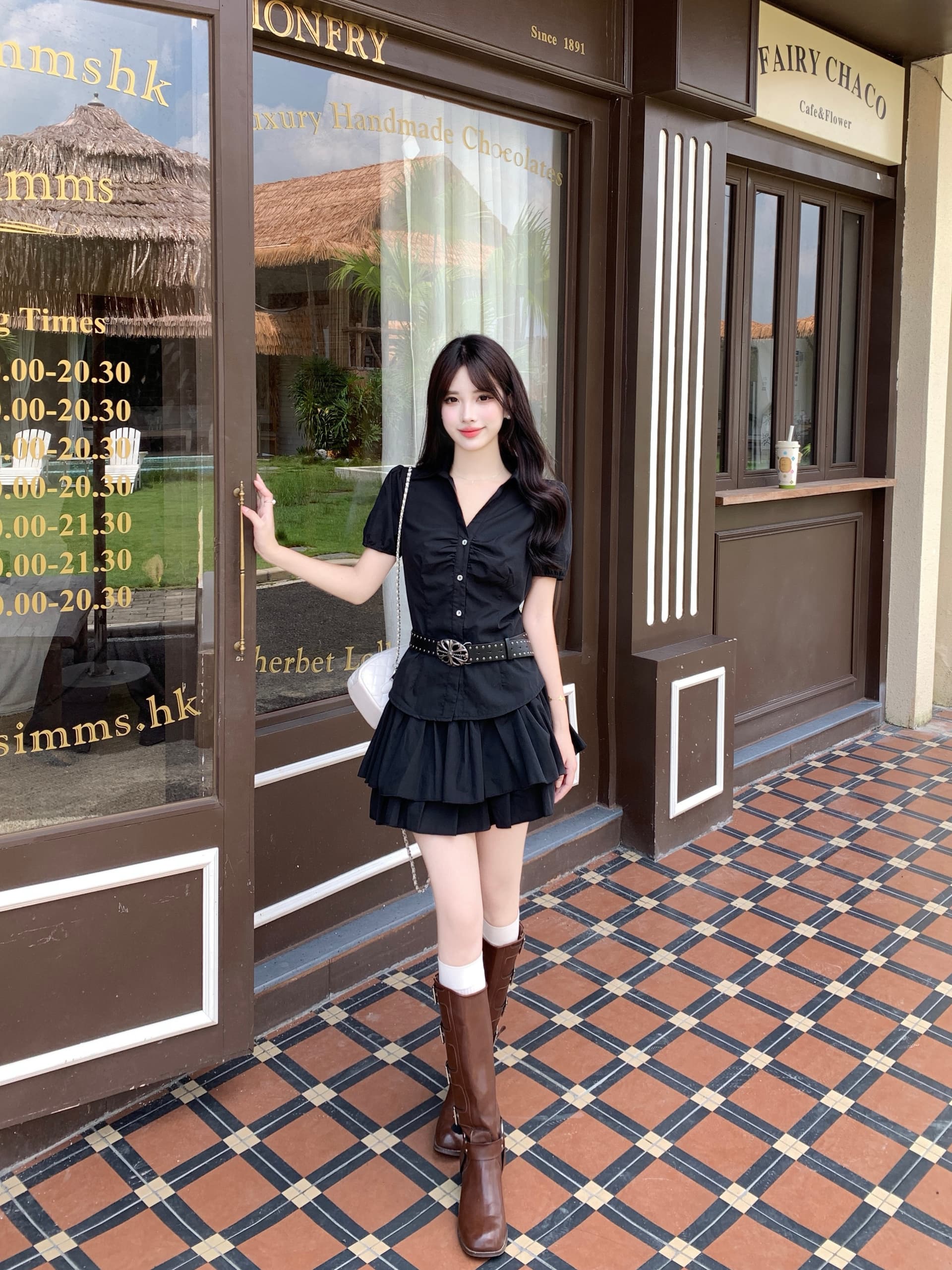 실사 빅 사이즈 한 부서 마이크로 지방 mm 슬림해 보이는 표지 배 달콤한 매운맛 여름 거품 소매 짧은 셔츠 케이크 반 스커트 이미지 4