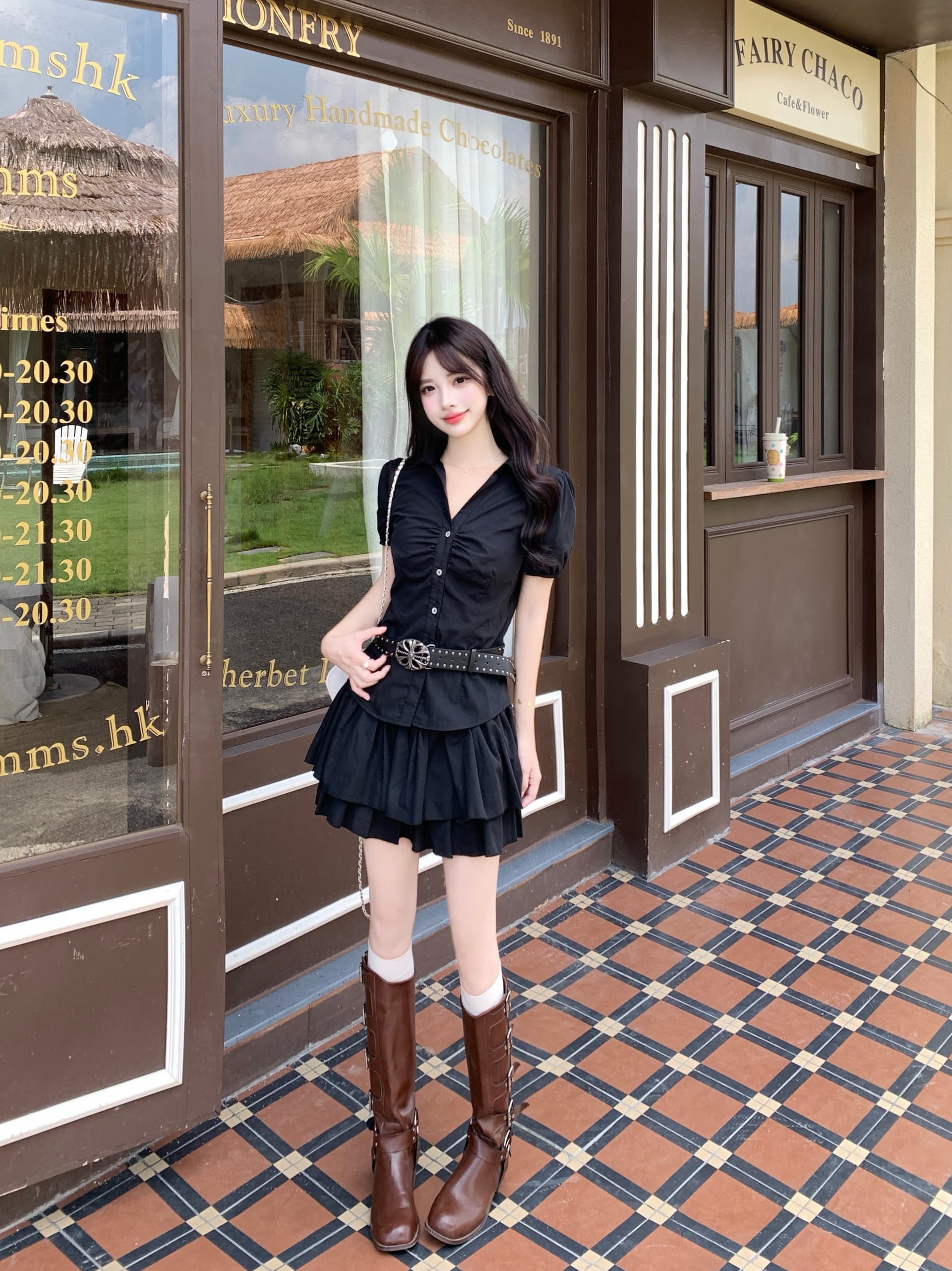 실사 빅 사이즈 한 부서 마이크로 지방 mm 슬림해 보이는 표지 배 달콤한 매운맛 여름 거품 소매 짧은 셔츠 케이크 반 스커트 상세 이미지 7