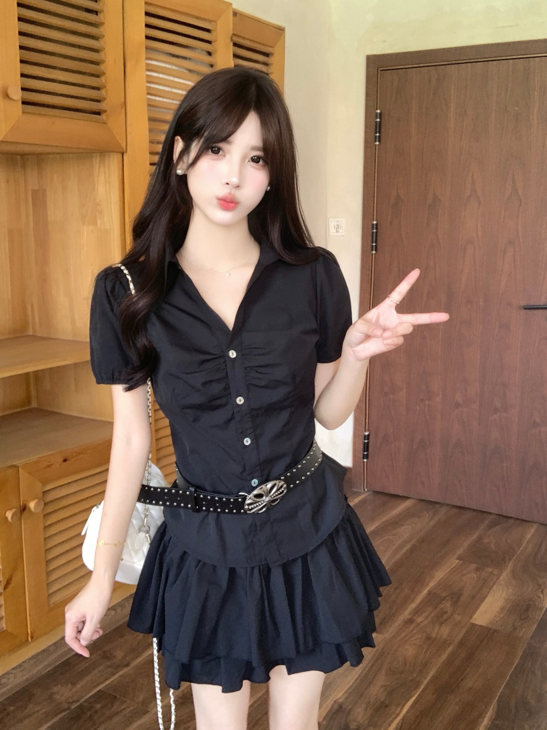 실사 빅 사이즈 한 부서 마이크로 지방 mm 슬림해 보이는 표지 배 달콤한 매운맛 여름 거품 소매 짧은 셔츠 케이크 반 스커트 상세 이미지 8