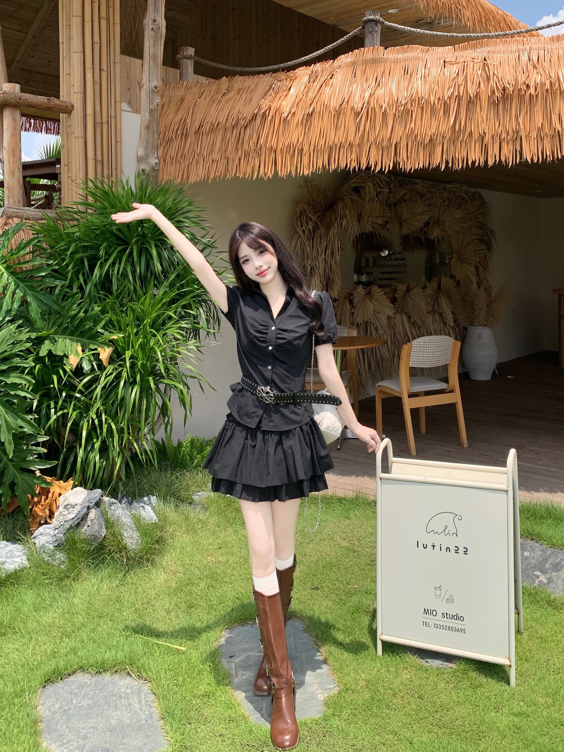 실사 빅 사이즈 한 부서 마이크로 지방 mm 슬림해 보이는 표지 배 달콤한 매운맛 여름 거품 소매 짧은 셔츠 케이크 반 스커트 상세 이미지 10