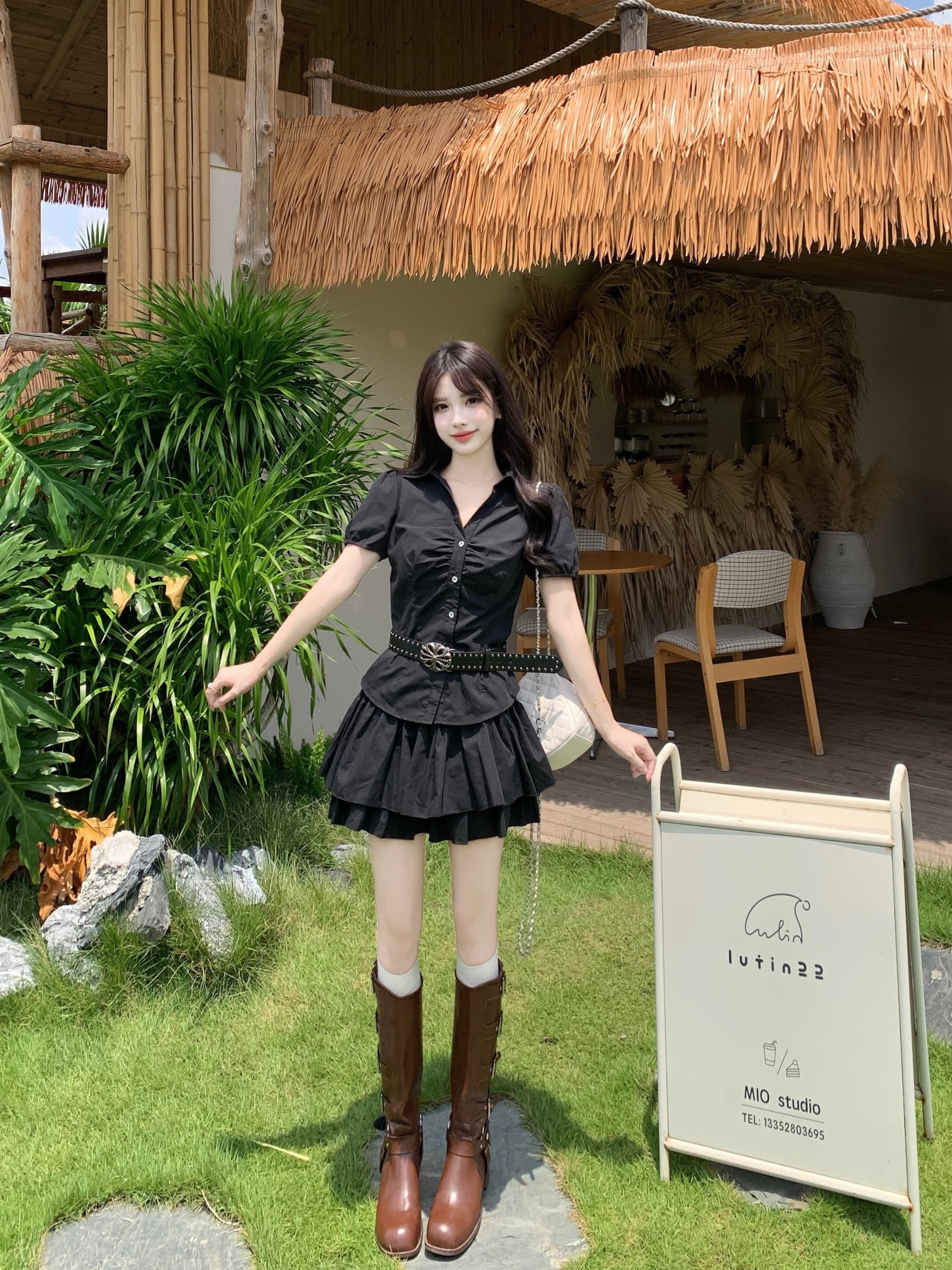 실사 빅 사이즈 한 부서 마이크로 지방 mm 슬림해 보이는 표지 배 달콤한 매운맛 여름 거품 소매 짧은 셔츠 케이크 반 스커트 상세 이미지 11