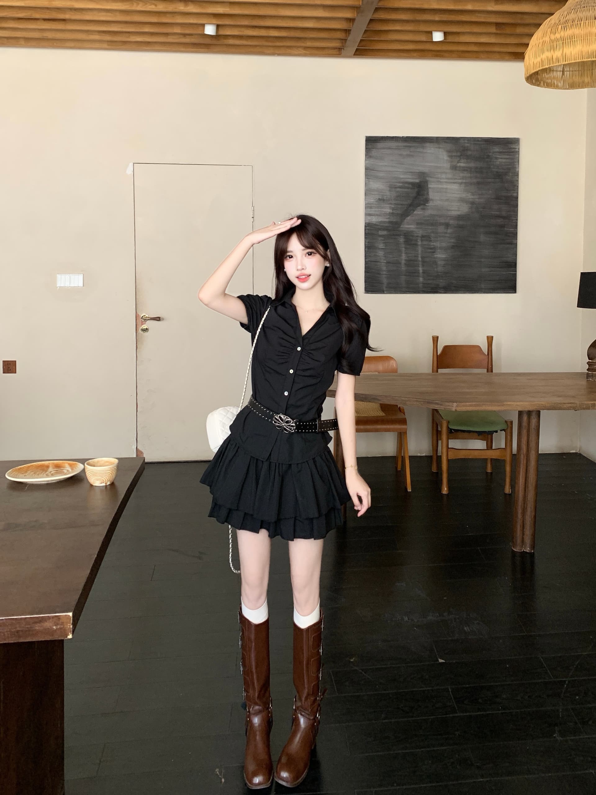 실사 빅 사이즈 한 부서 마이크로 지방 mm 슬림해 보이는 표지 배 달콤한 매운맛 여름 거품 소매 짧은 셔츠 케이크 반 스커트 상세 이미지 12