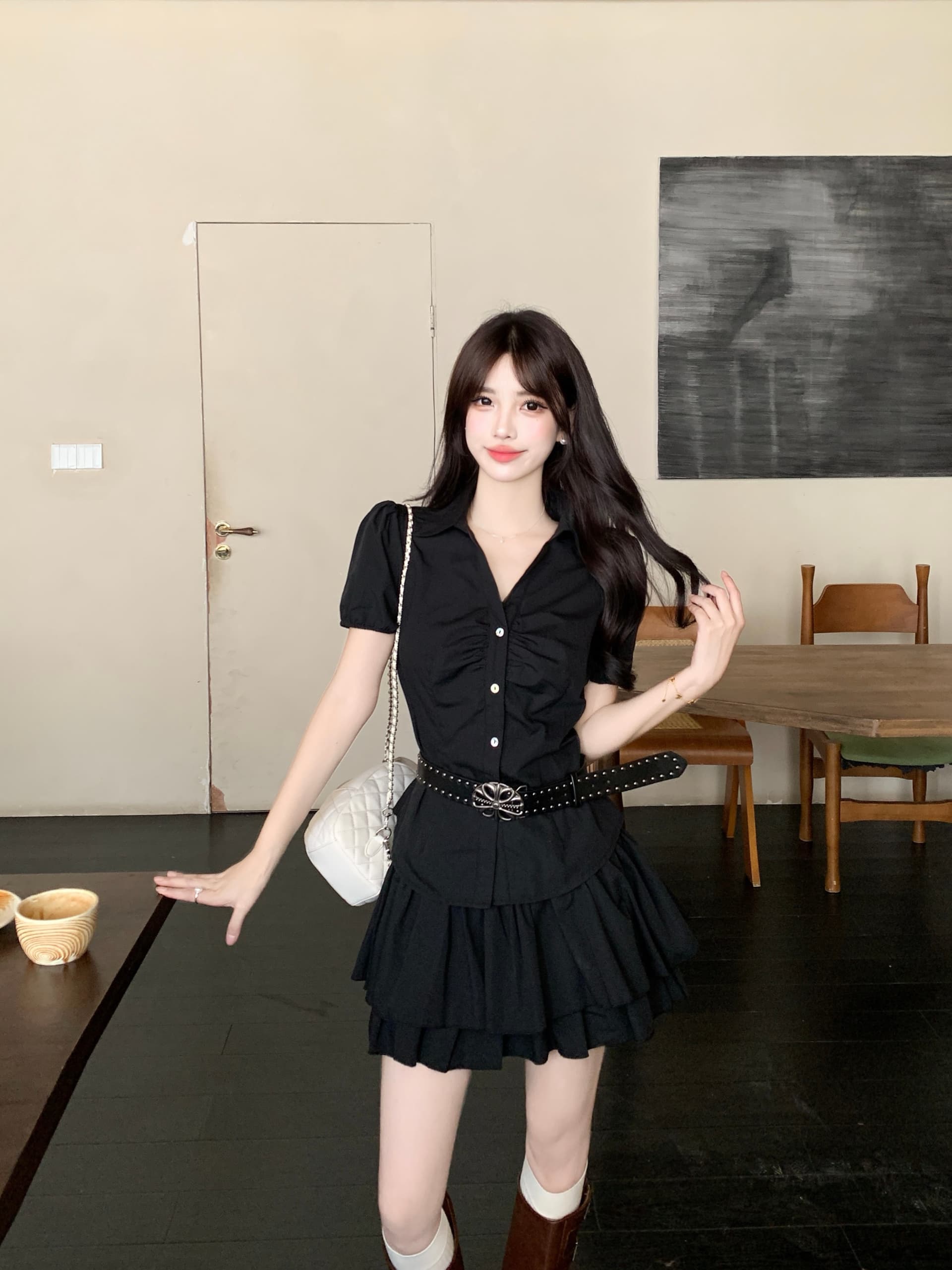 실사 빅 사이즈 한 부서 마이크로 지방 mm 슬림해 보이는 표지 배 달콤한 매운맛 여름 거품 소매 짧은 셔츠 케이크 반 스커트 상세 이미지 13