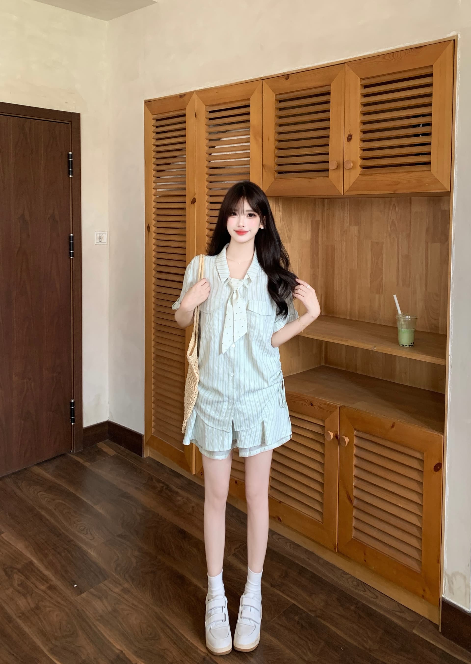 실사 녹색 리프트 젤리 여름 새로운 세로 줄무늬 맨위 도트 무늬 스카프 치마 세 조각 세트 이미지 3