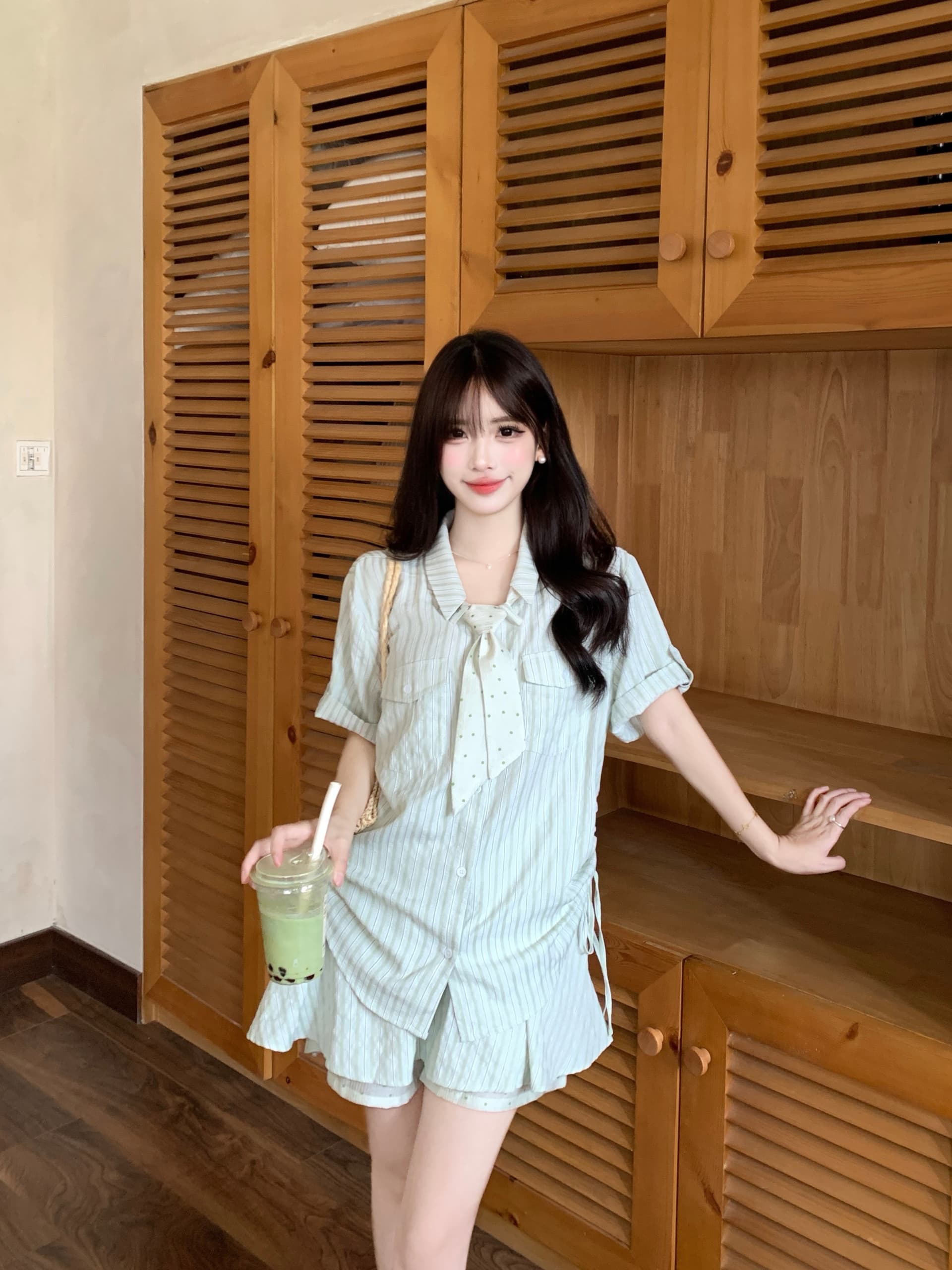 실사 녹색 리프트 젤리 여름 새로운 세로 줄무늬 맨위 도트 무늬 스카프 치마 세 조각 세트 이미지 4