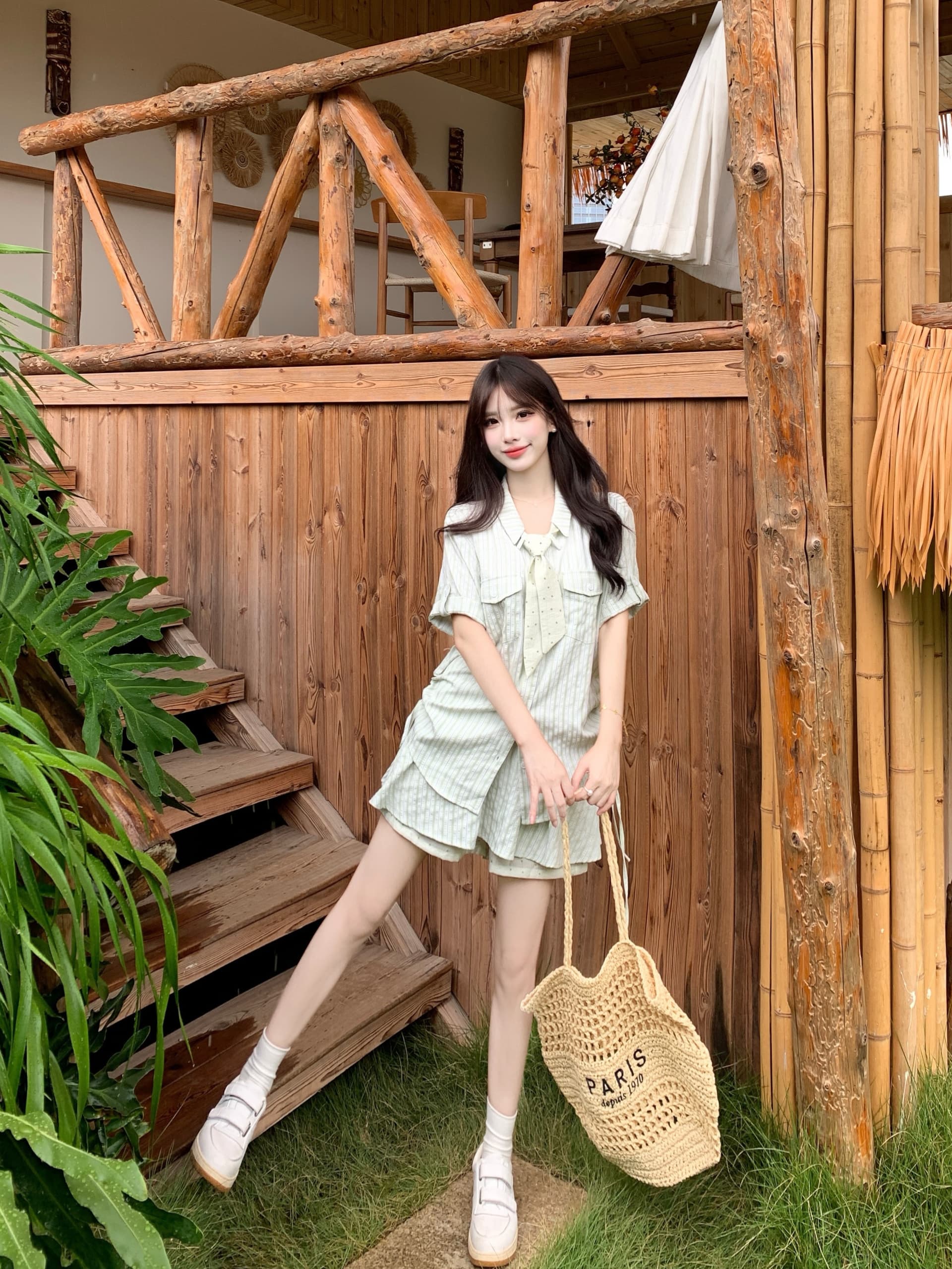 실사 녹색 리프트 젤리 여름 새로운 세로 줄무늬 맨위 도트 무늬 스카프 치마 세 조각 세트 상세 이미지 7