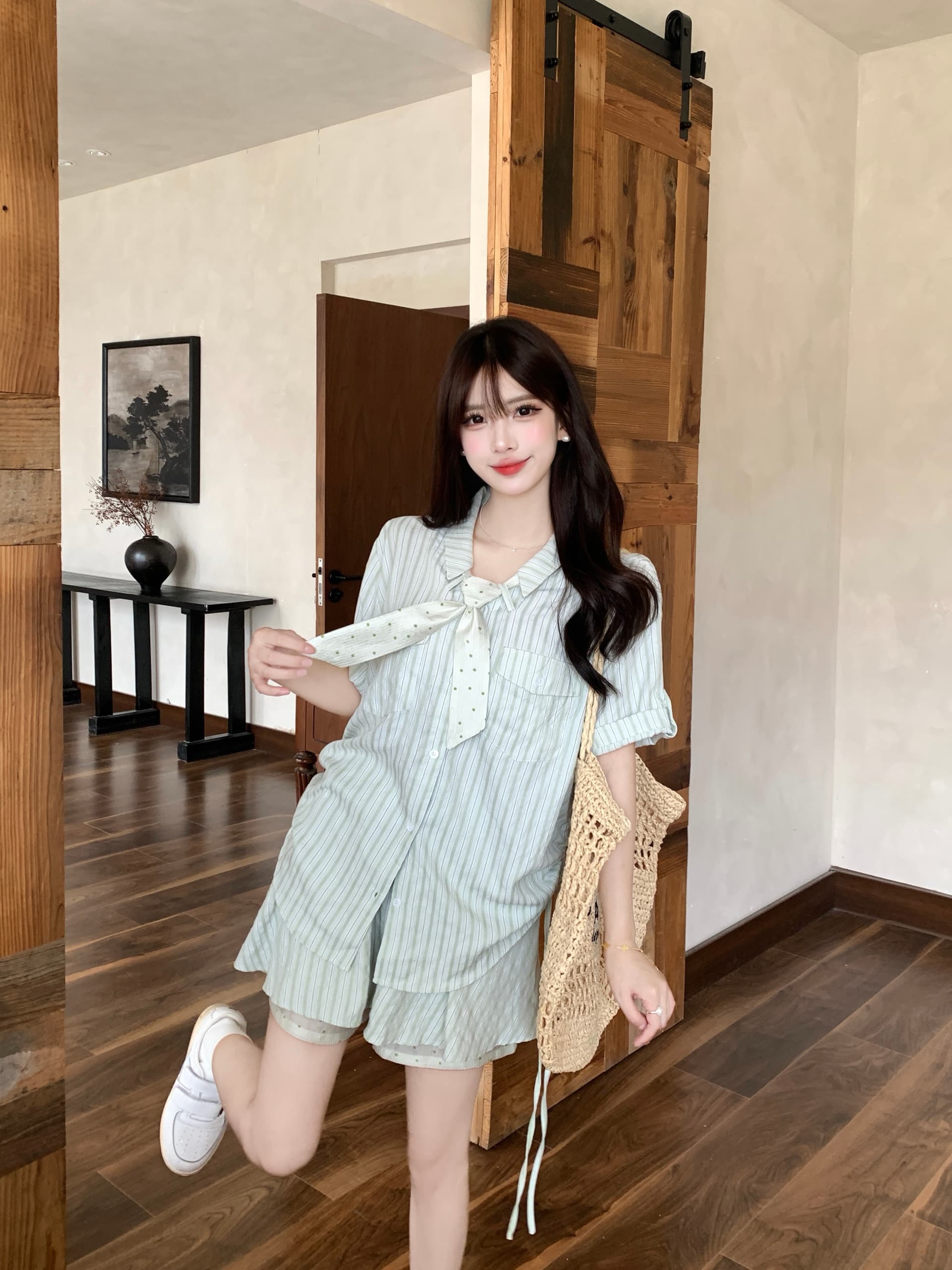 실사 녹색 리프트 젤리 여름 새로운 세로 줄무늬 맨위 도트 무늬 스카프 치마 세 조각 세트 상세 이미지 9