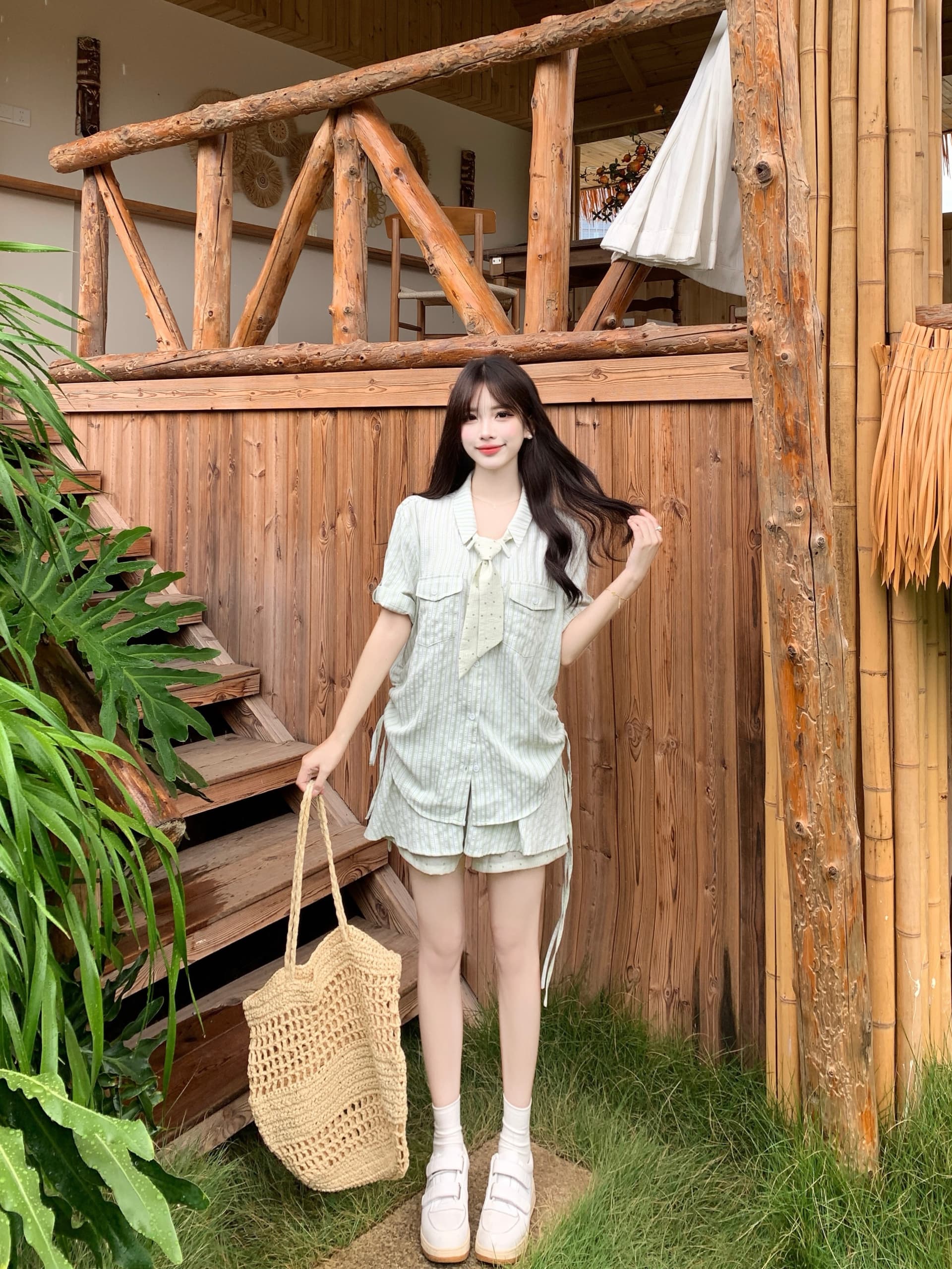 실사 녹색 리프트 젤리 여름 새로운 세로 줄무늬 맨위 도트 무늬 스카프 치마 세 조각 세트 상세 이미지 10