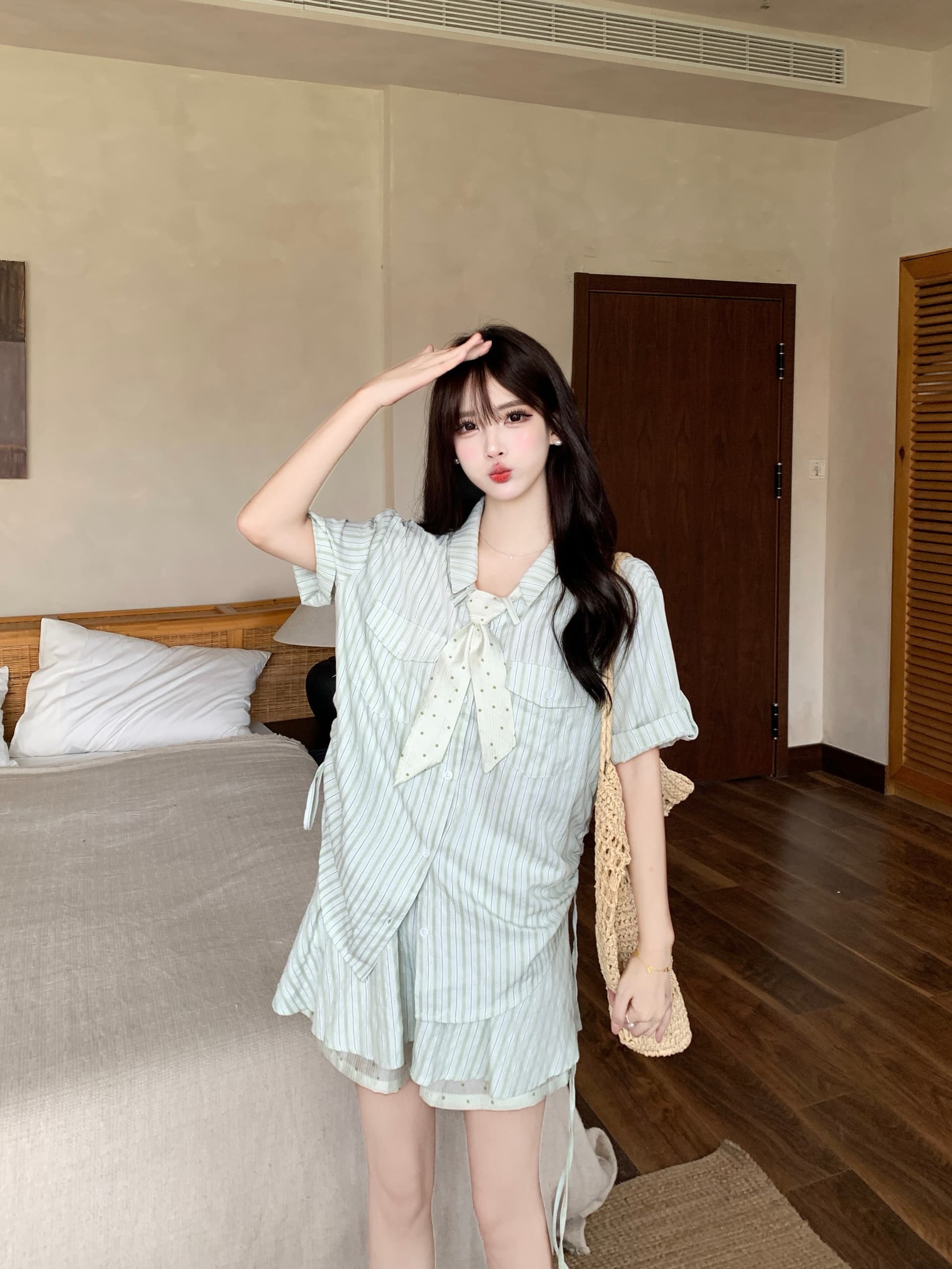 실사 녹색 리프트 젤리 여름 새로운 세로 줄무늬 맨위 도트 무늬 스카프 치마 세 조각 세트 상세 이미지 11