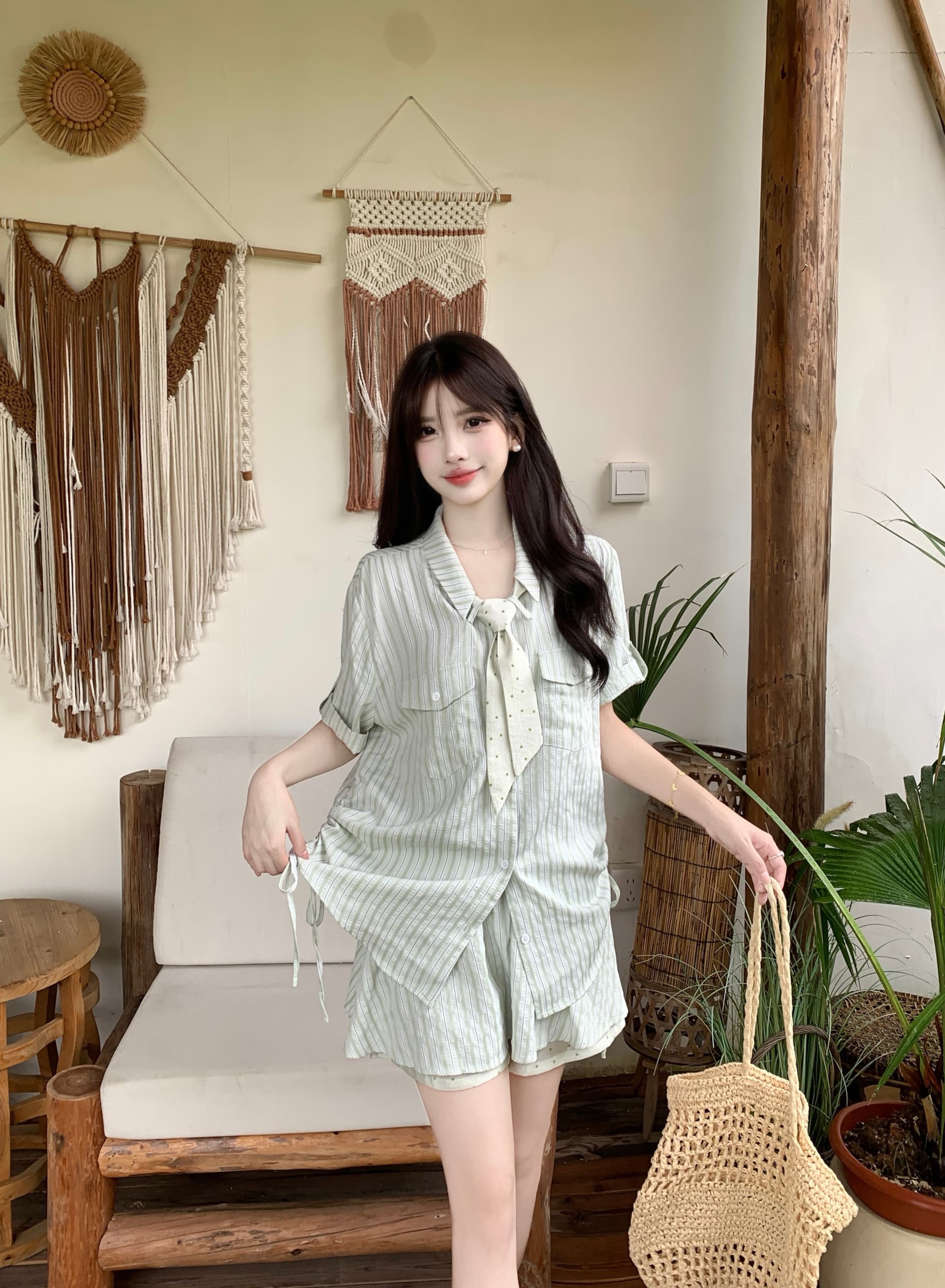 실사 녹색 리프트 젤리 여름 새로운 세로 줄무늬 맨위 도트 무늬 스카프 치마 세 조각 세트 상세 이미지 12