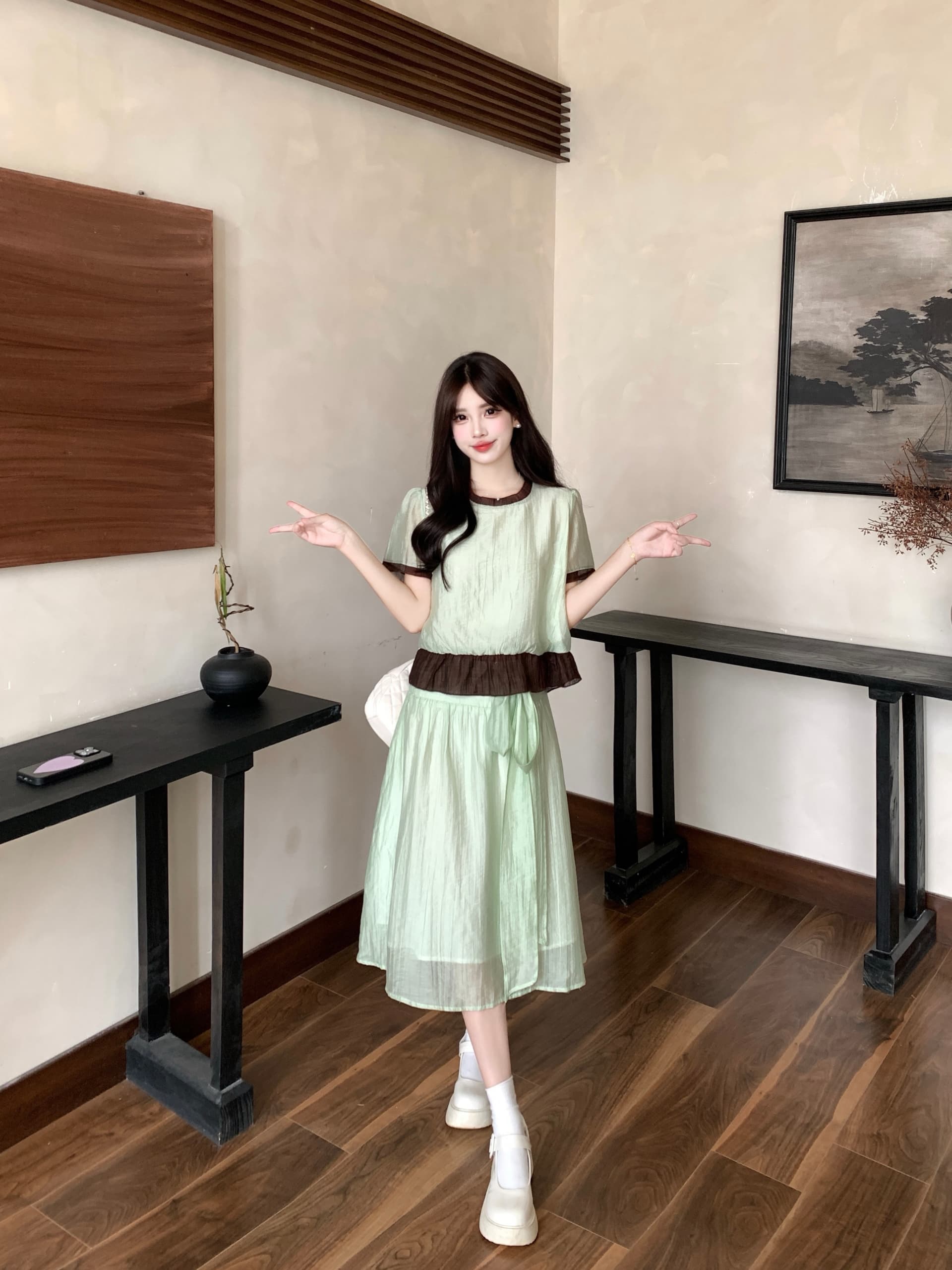 실사 플러그 Na 연애 편지 마이크로 지방 빅 사이즈 신선함 달콤함 연령 감소 페이크 레이어드 배색 셔츠 반신 치마 세트 이미지 2