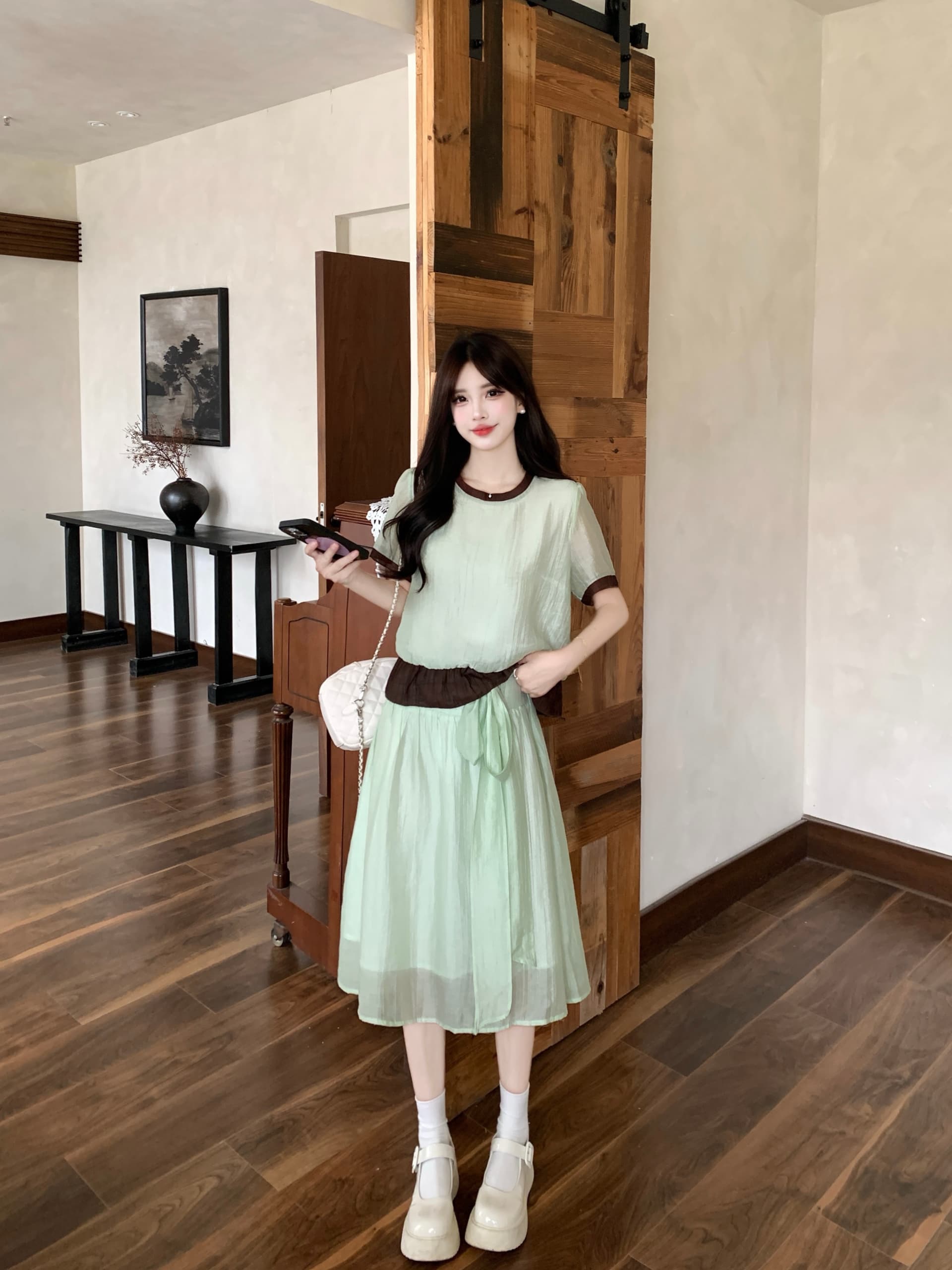 실사 플러그 Na 연애 편지 마이크로 지방 빅 사이즈 신선함 달콤함 연령 감소 페이크 레이어드 배색 셔츠 반신 치마 세트 이미지 3