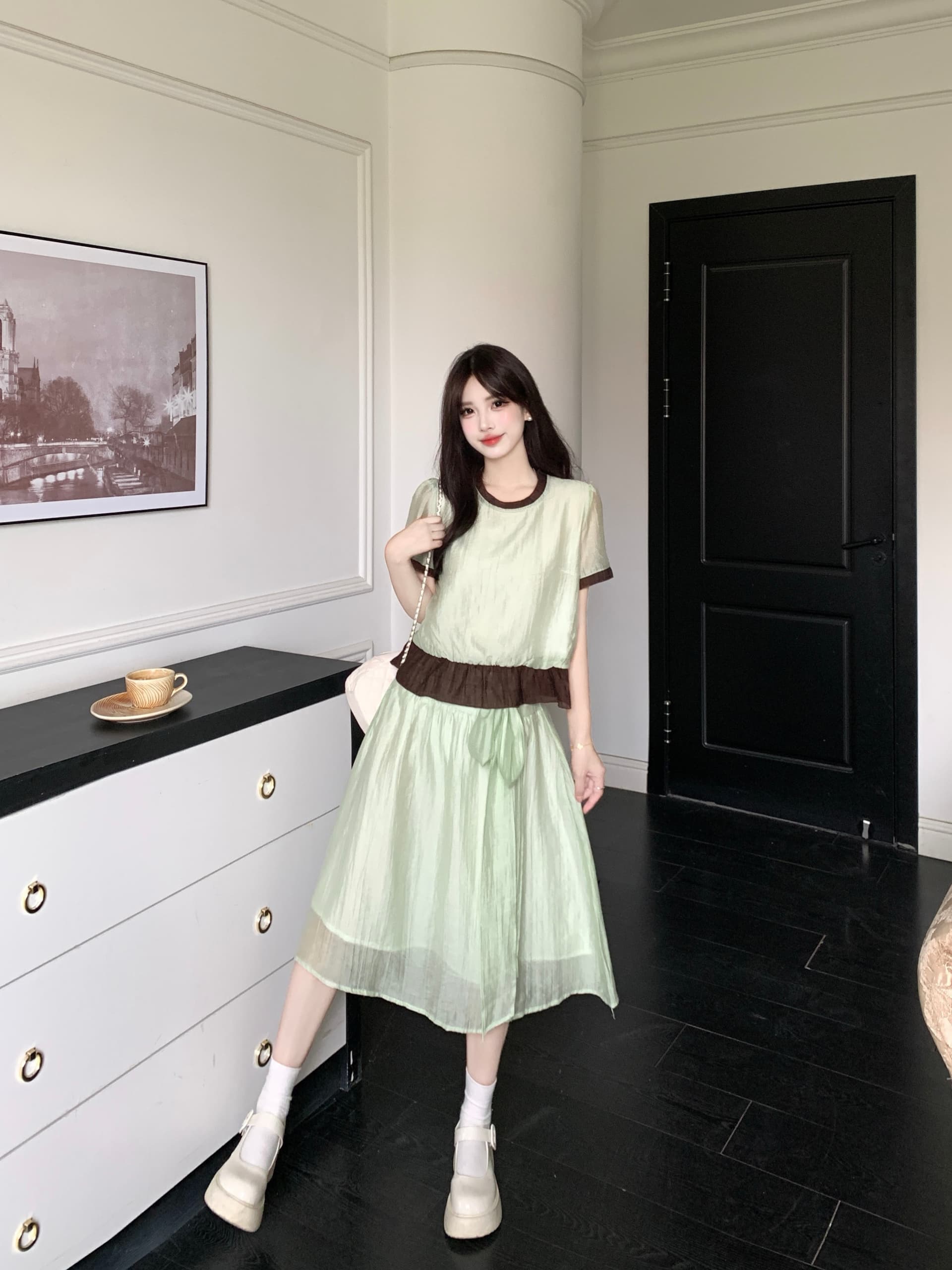 실사 플러그 Na 연애 편지 마이크로 지방 빅 사이즈 신선함 달콤함 연령 감소 페이크 레이어드 배색 셔츠 반신 치마 세트 상세 이미지 5