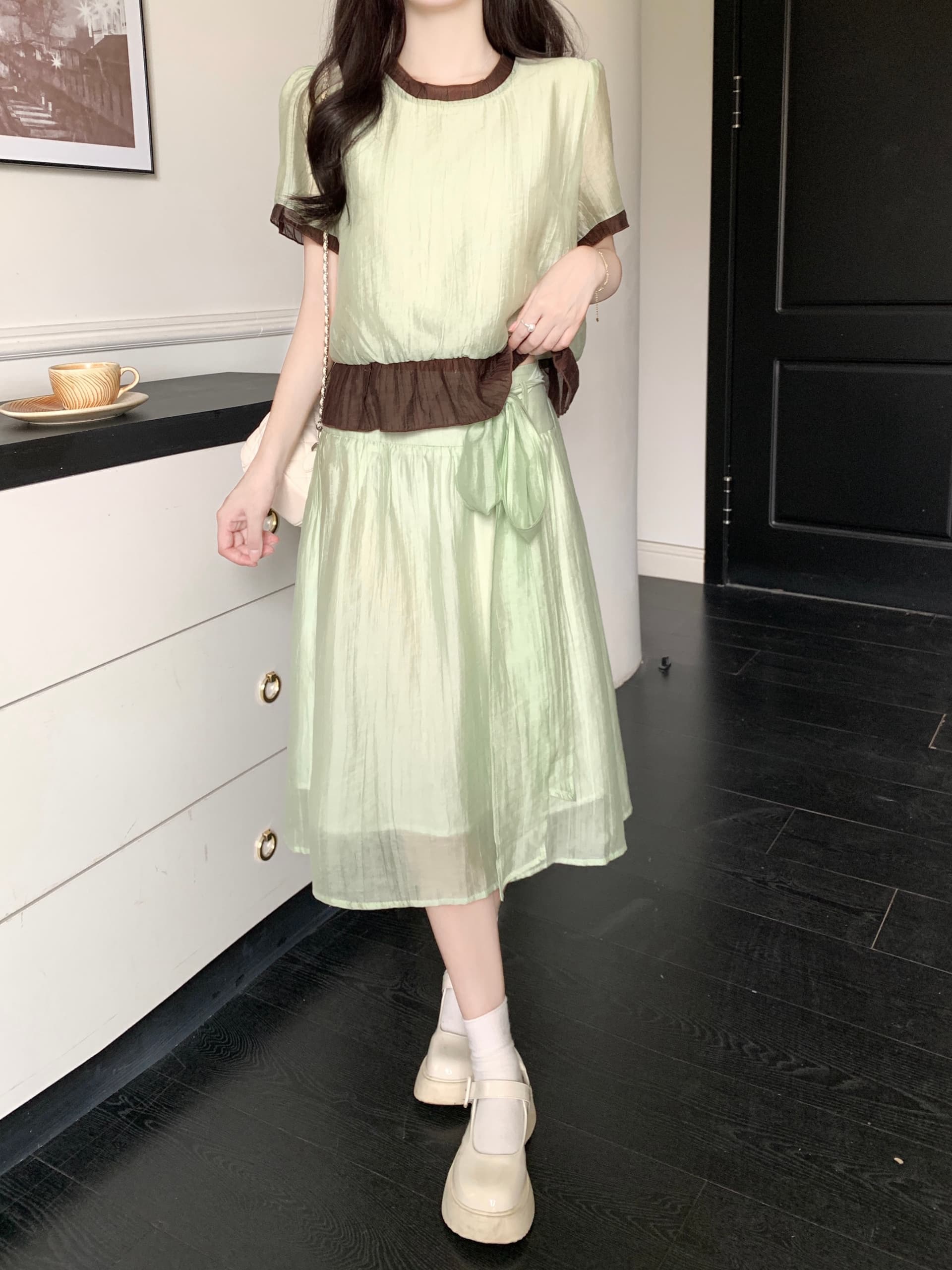 실사 플러그 Na 연애 편지 마이크로 지방 빅 사이즈 신선함 달콤함 연령 감소 페이크 레이어드 배색 셔츠 반신 치마 세트 상세 이미지 6
