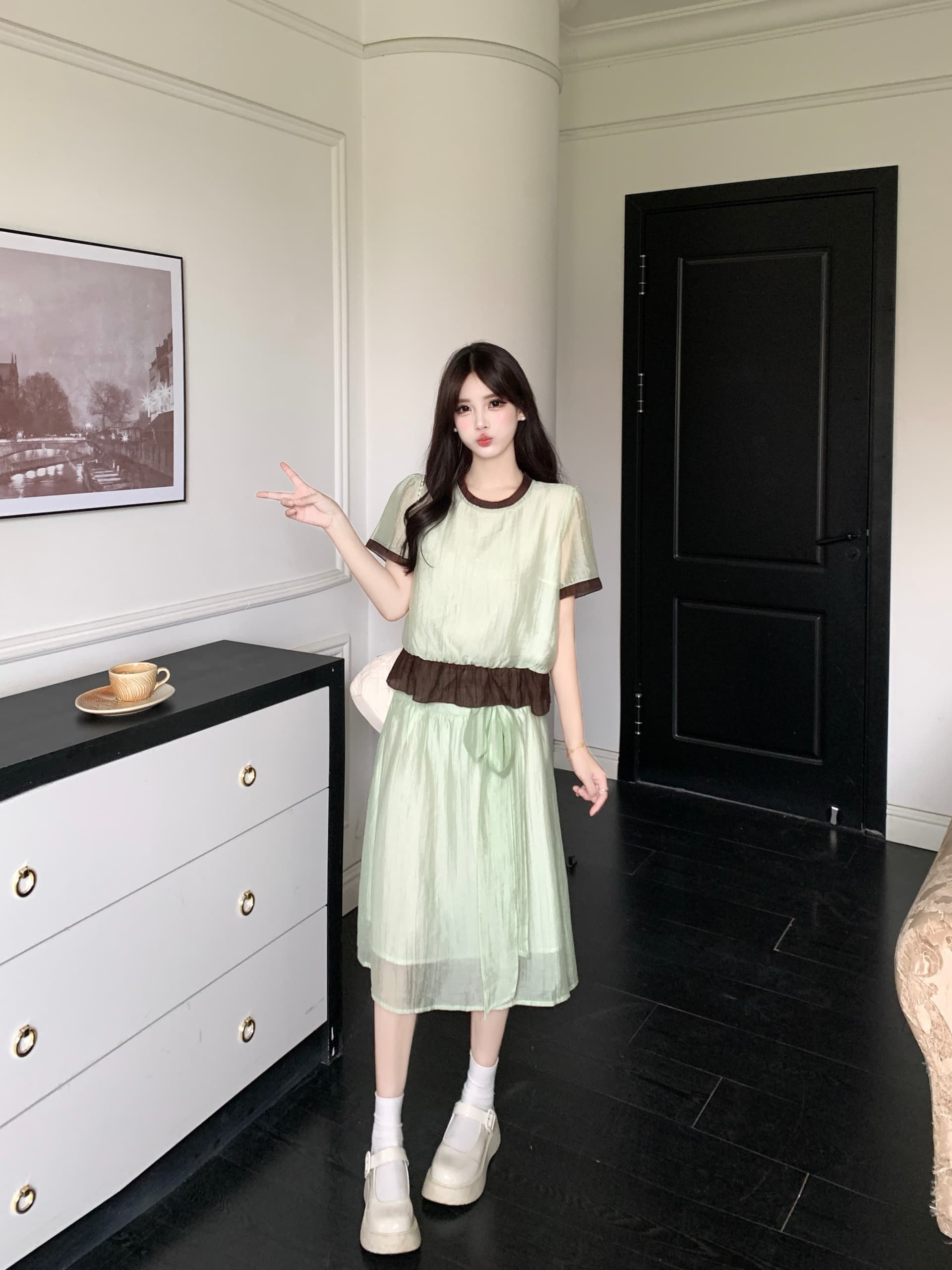 실사 플러그 Na 연애 편지 마이크로 지방 빅 사이즈 신선함 달콤함 연령 감소 페이크 레이어드 배색 셔츠 반신 치마 세트 상세 이미지 7