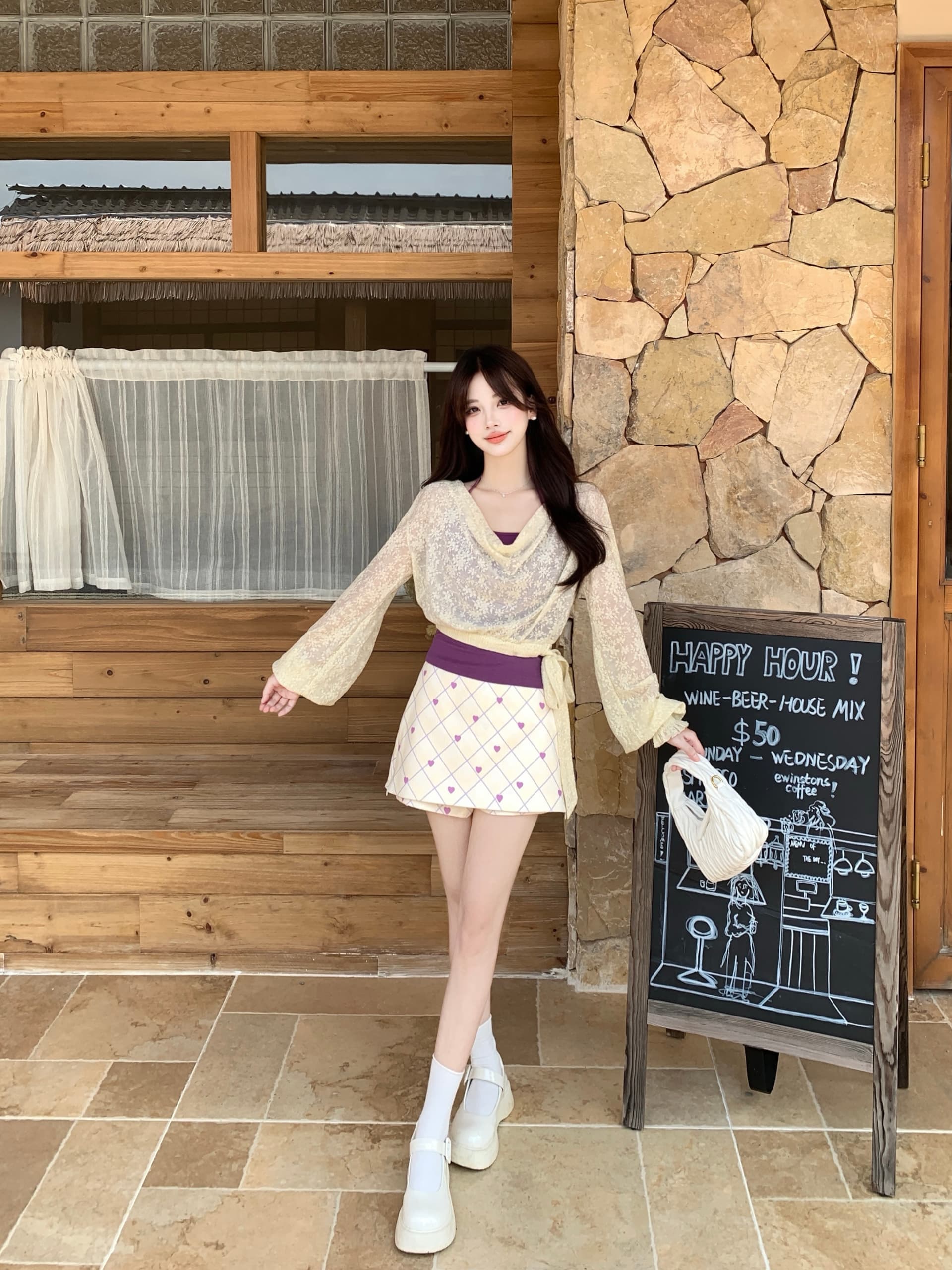 실사 이른 가을 레이스 흔들다 칼라 긴팔 블라우스 신축성 레이스 벌룬 소매 맨위 슬립 반 스커트 3종 세트 이미지 4